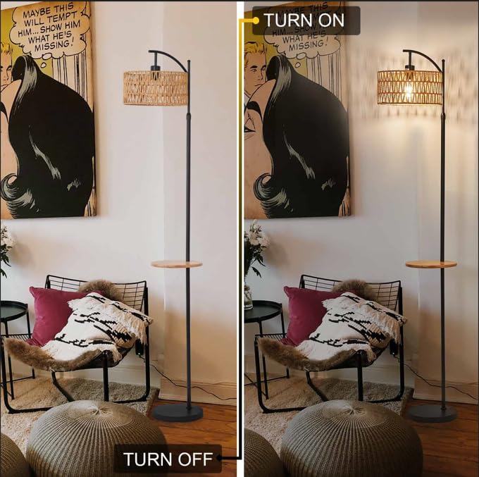 Boho Floor Lamp, Rattan Floor Lamp With Shelf, Bohemian Bamboo Wicker Coastal Rustic Farmhouse Woven Tropical Wood Tall Standing