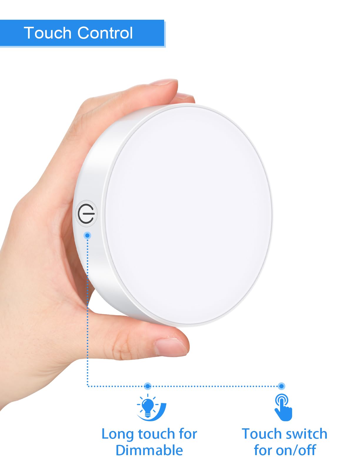 WILLED Dimmable Touch LED Tap Light with 1000mAh Battery, Magnet, White, Model WNL-A1, 6000K for Closet, Cabinet, Kitchen, Bedroom