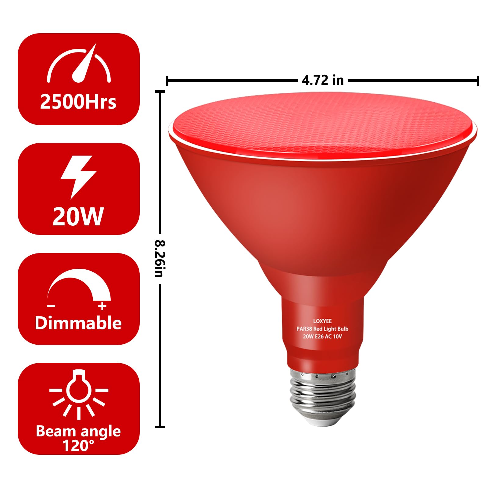 Loxyee Par38 Red Flood Light Bulb, 4 Pack Dimmable E26, 20W Replace 200W -