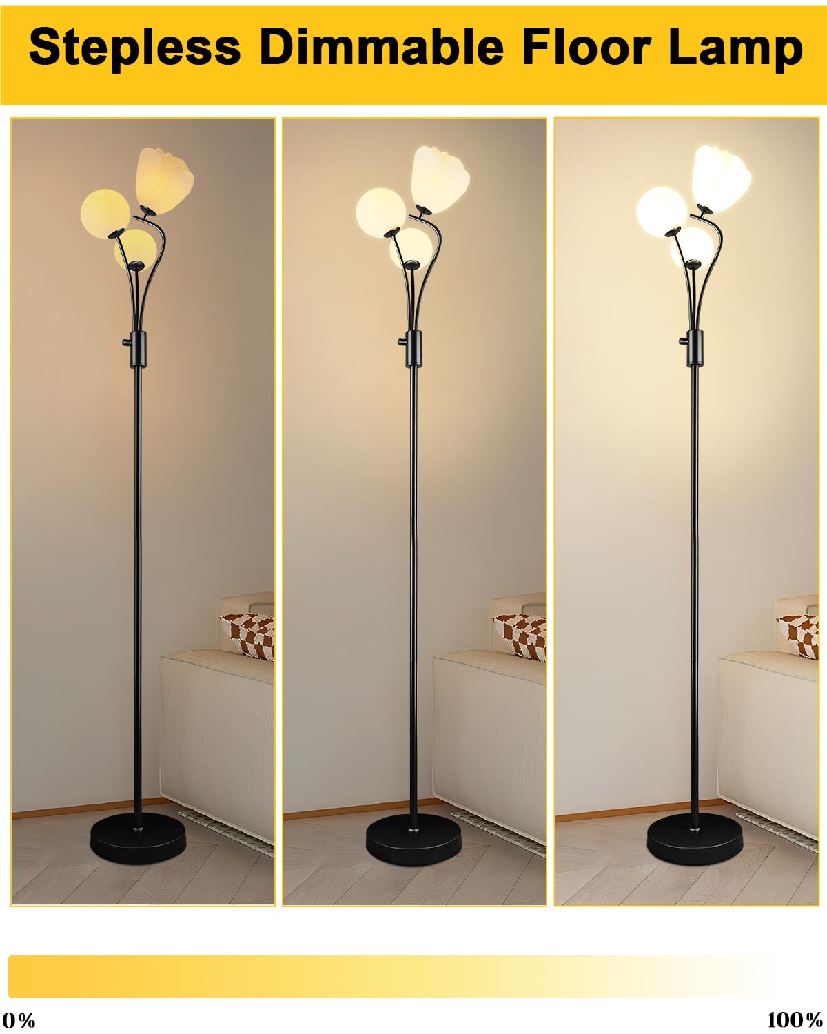 69In Dimmable Floor Lamp Black Standing Lamps With 3Pcs 3000K Bulbs Art Deco Floor Lamps With Globe & Flower Lampshade For Girls
