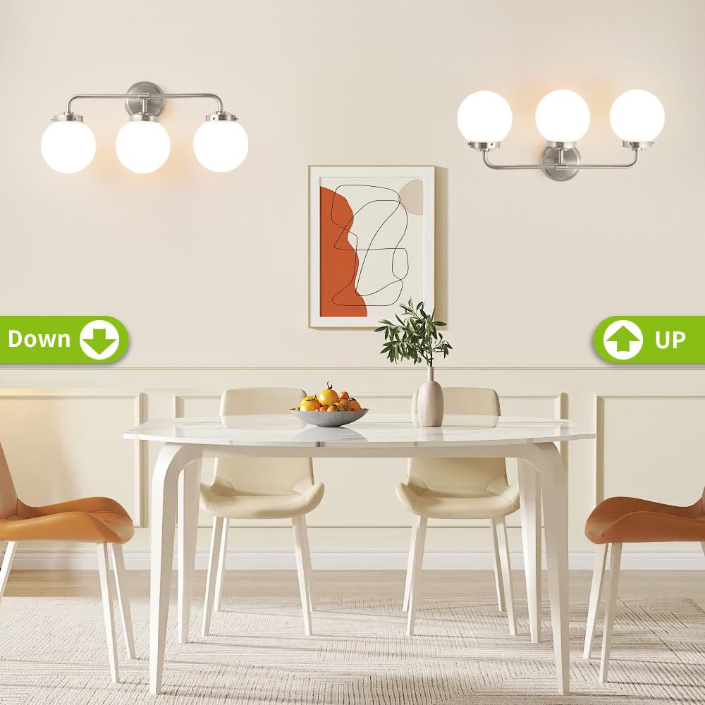 Deyidn Bathroom Light Fixtures Over Mirror, Brushed Nickel Modern Vanity Lights With Milk White Glass Globe Shades 3-Light Farmh