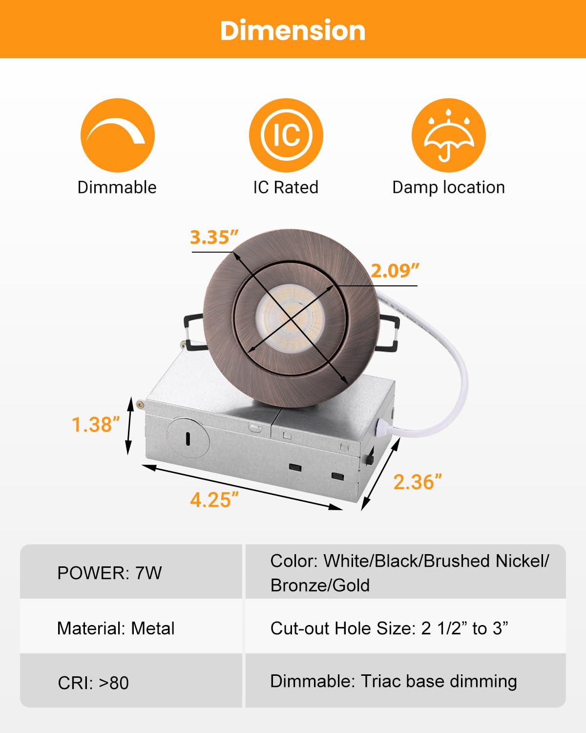 POPANU 3 Inch LED Recessed Light - 7W Gimbal Dimmable Bronze 6 Pack, Adjustable Eyeball Spotlight, Model 3SGBZ-7