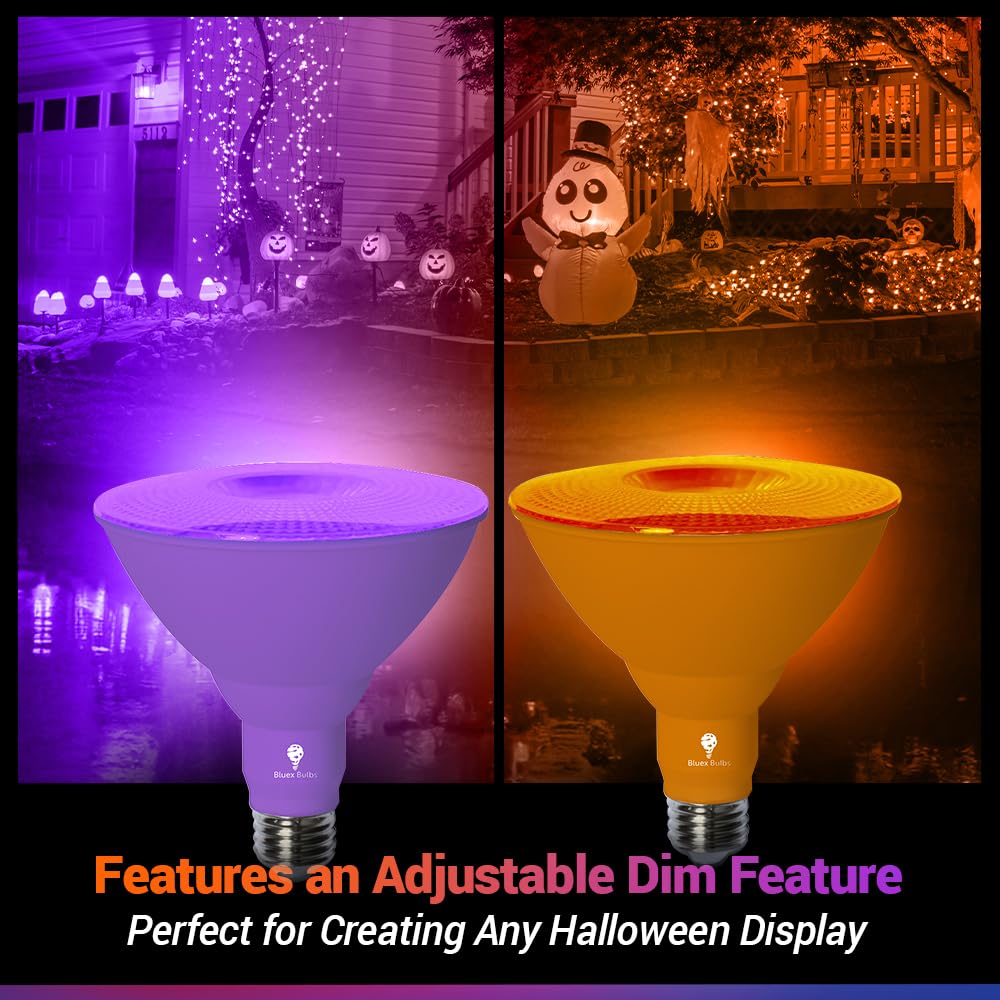 Bluex Bulbs 2 Pack Led Par38 Flood Purple Orange Light Bulb - 18W (120Watt Equivalent) - Dimmable - E26 Led Lights, Party Decoration,Home Lighting, Holiday Halloween Orange Purple Flood Lights Bulbs