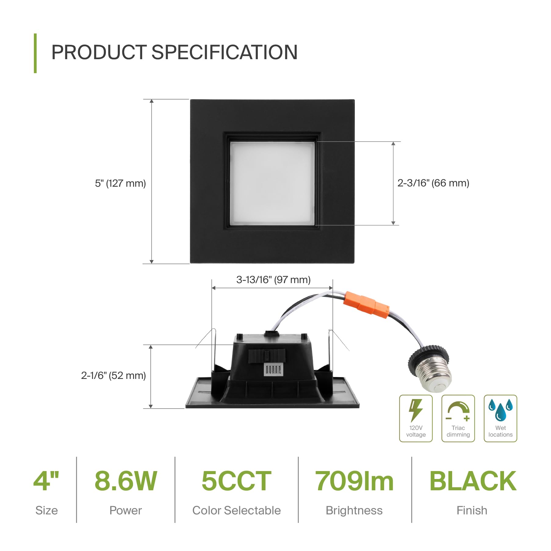 Asd Black 4 Inch Recessed Lighting Led Square Retrofit Kit 8.6W 709Lm Color Selectable 5 Cct 2700K/3000K/3500K/4000K/5000K Adjus