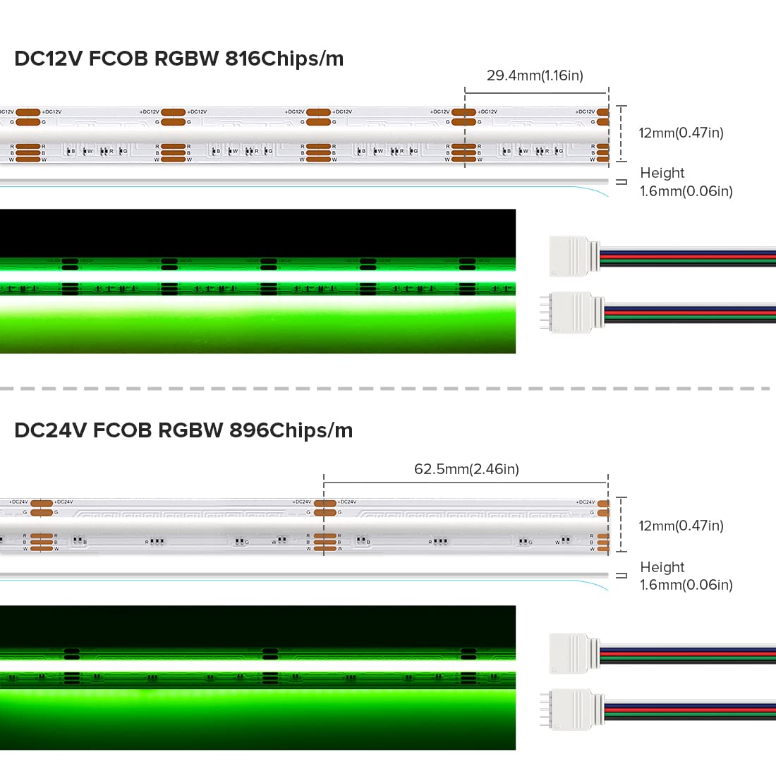 Fcob 9.86Ft Rgbw Cob Led Strip Light - 24V Color Changing Natural White, 12Mm Width, 896 Leds/M For Indoor Decoration