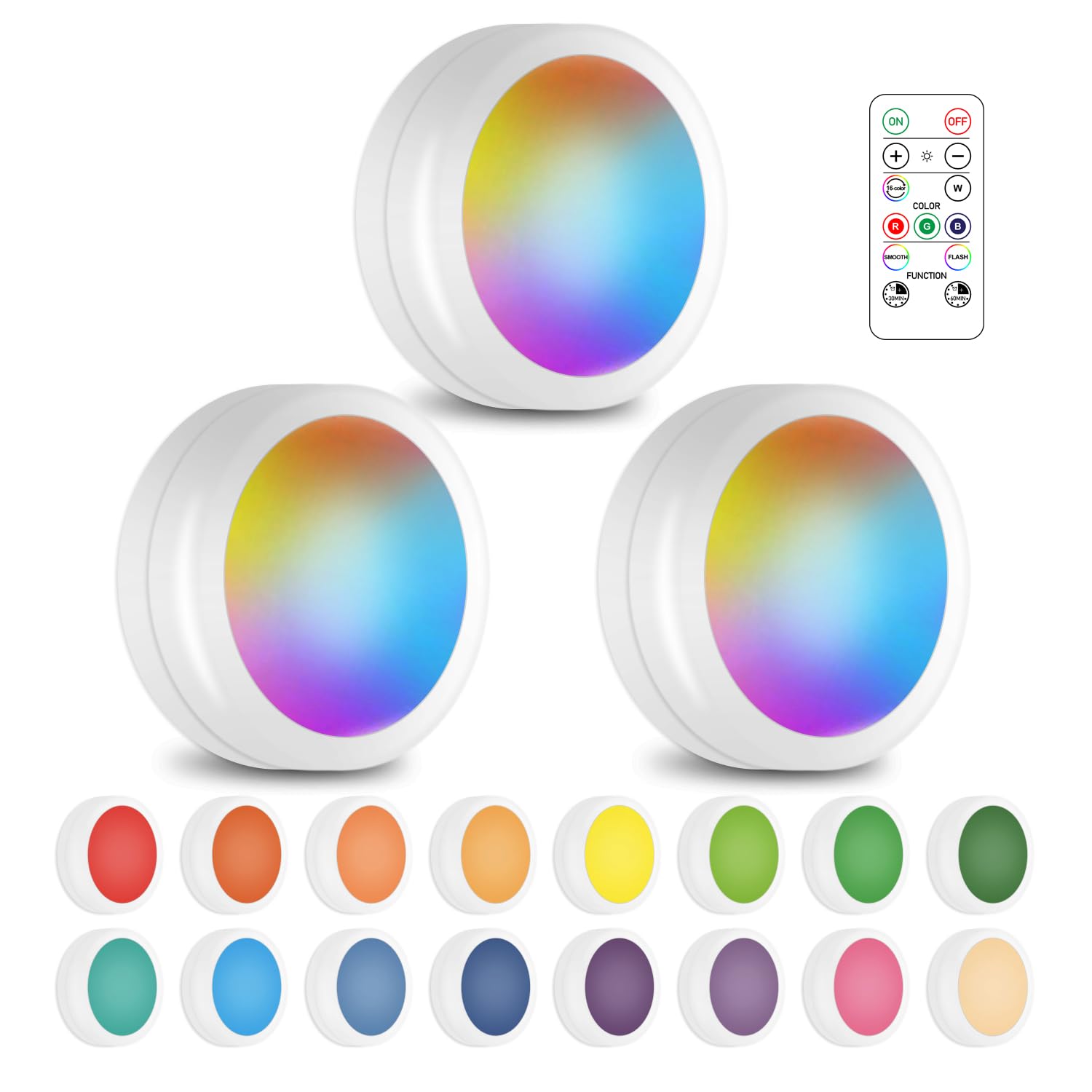 SIXDEFLY Wireless 16 Color Changing LED Puck Light 3 Pack LED Under Cabinet Lighting Closet Light Battery Powered Night Lights with Remote Control Dimmer & Timing Function