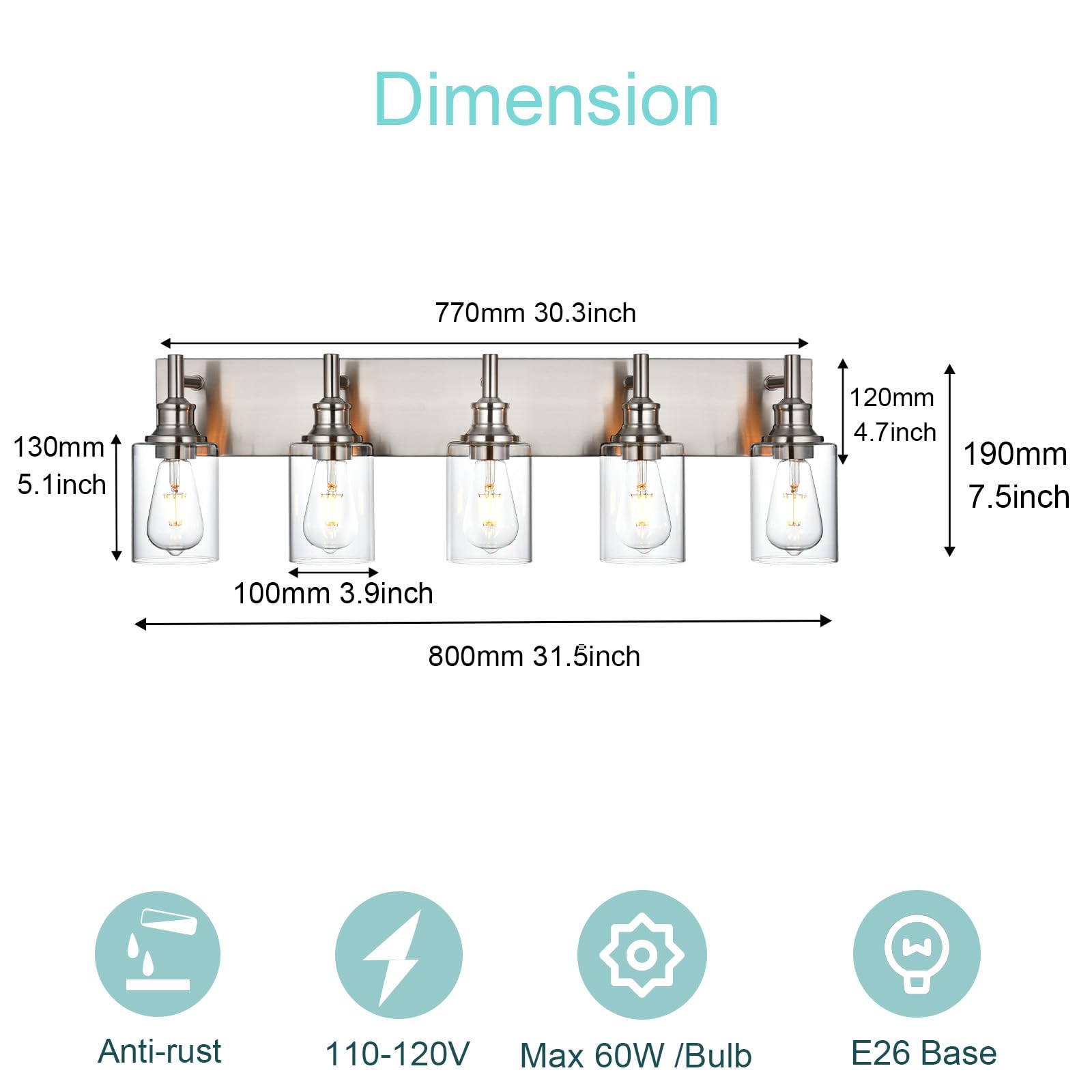 Wanluce 5 Light Bathroom Vanity Lighting Fixture, Brushed Nickel, Industrial Style, Model 16111-5W-SN