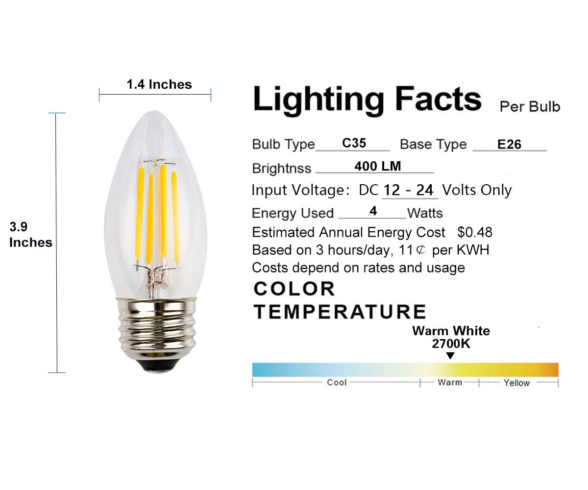 OPALRAY 4W LED Bulb, Dimmable, E26 Base, Warm White, 400Lm, 12V-24V, 5 Pack, Clear Glass Torpedo