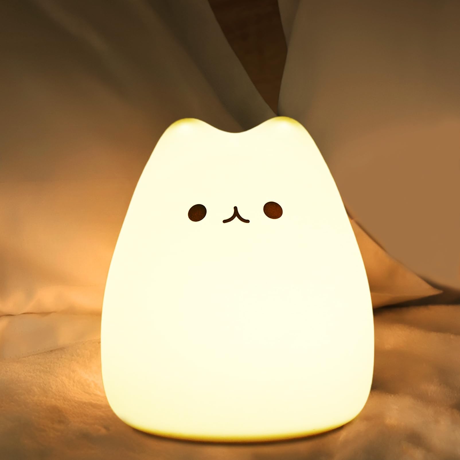 LED Cat Night Light, Battery Powered Night Light for Kids, Silicone Multicolor Cute Lamp with Warm White and 7-Color Breathing M