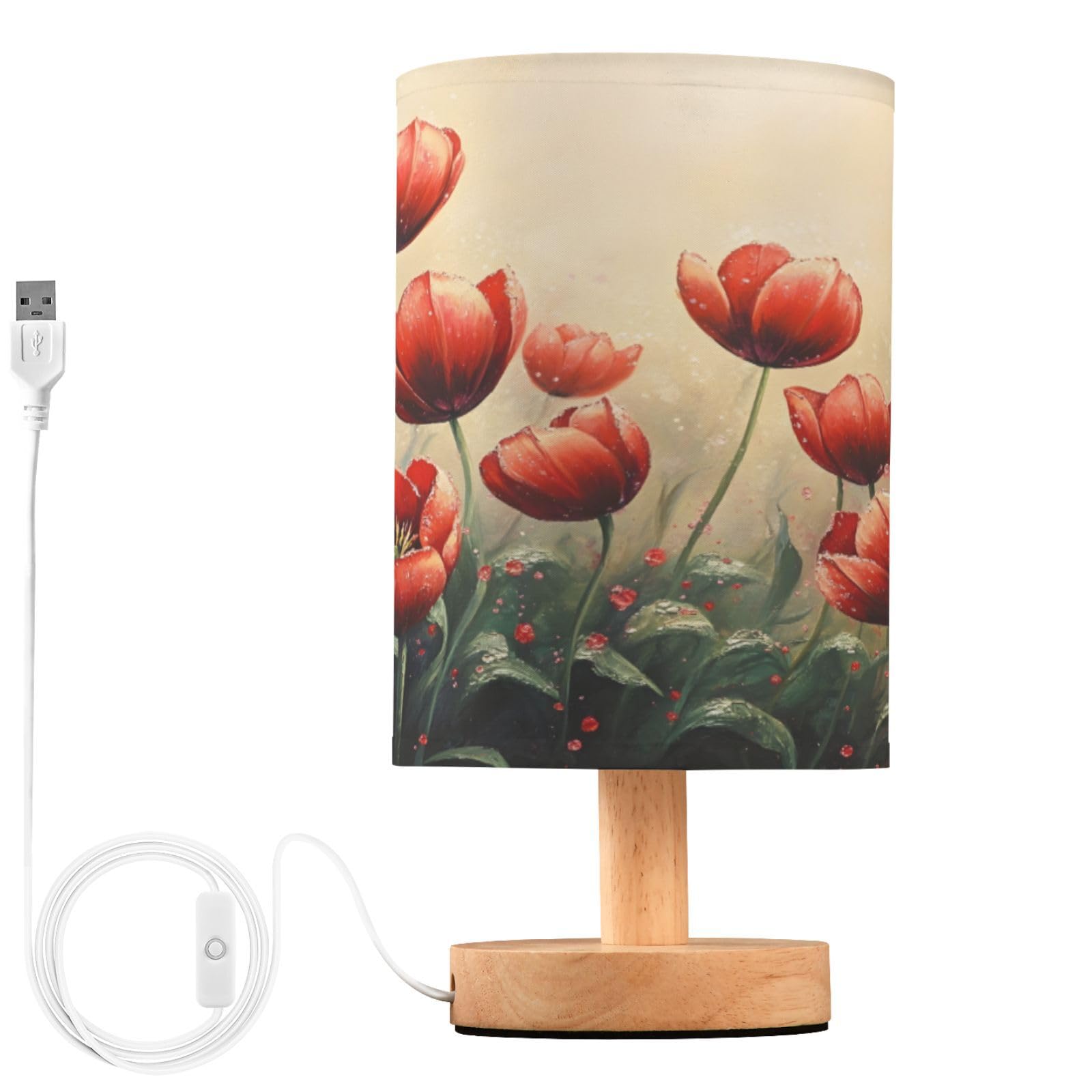 ALAZA Red Poppy Flower Leaves Oil Painting Decor Bedside Table Lamp with USB Port for Bedroom Nightstand Office Desk LED Bulb In
