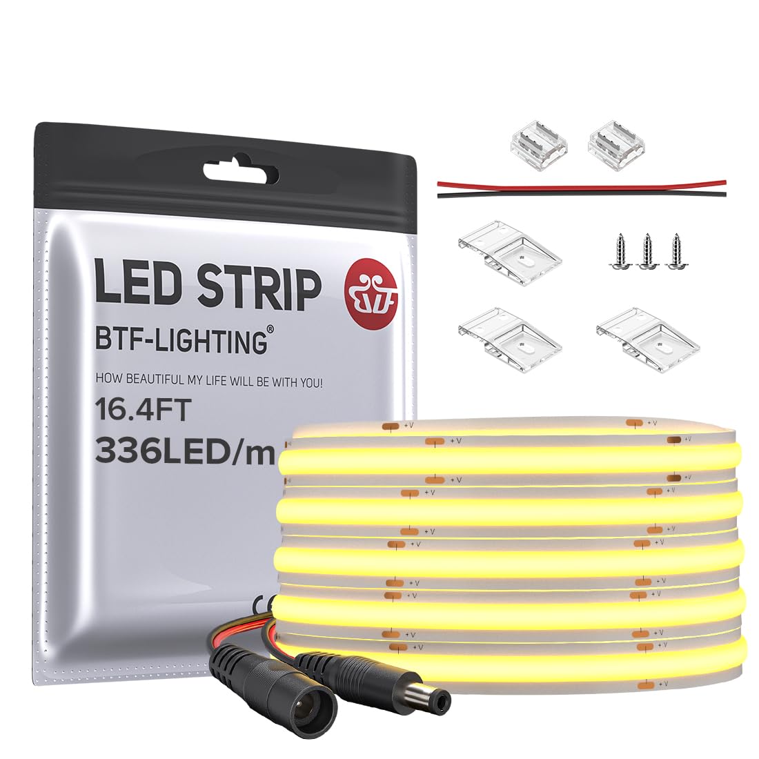 Btf-Lighting Cob Flexible Led Strip 8W/M 16.4Ft Warm White 3000K Dimmable 336Led/M Model F0B5M12V504L