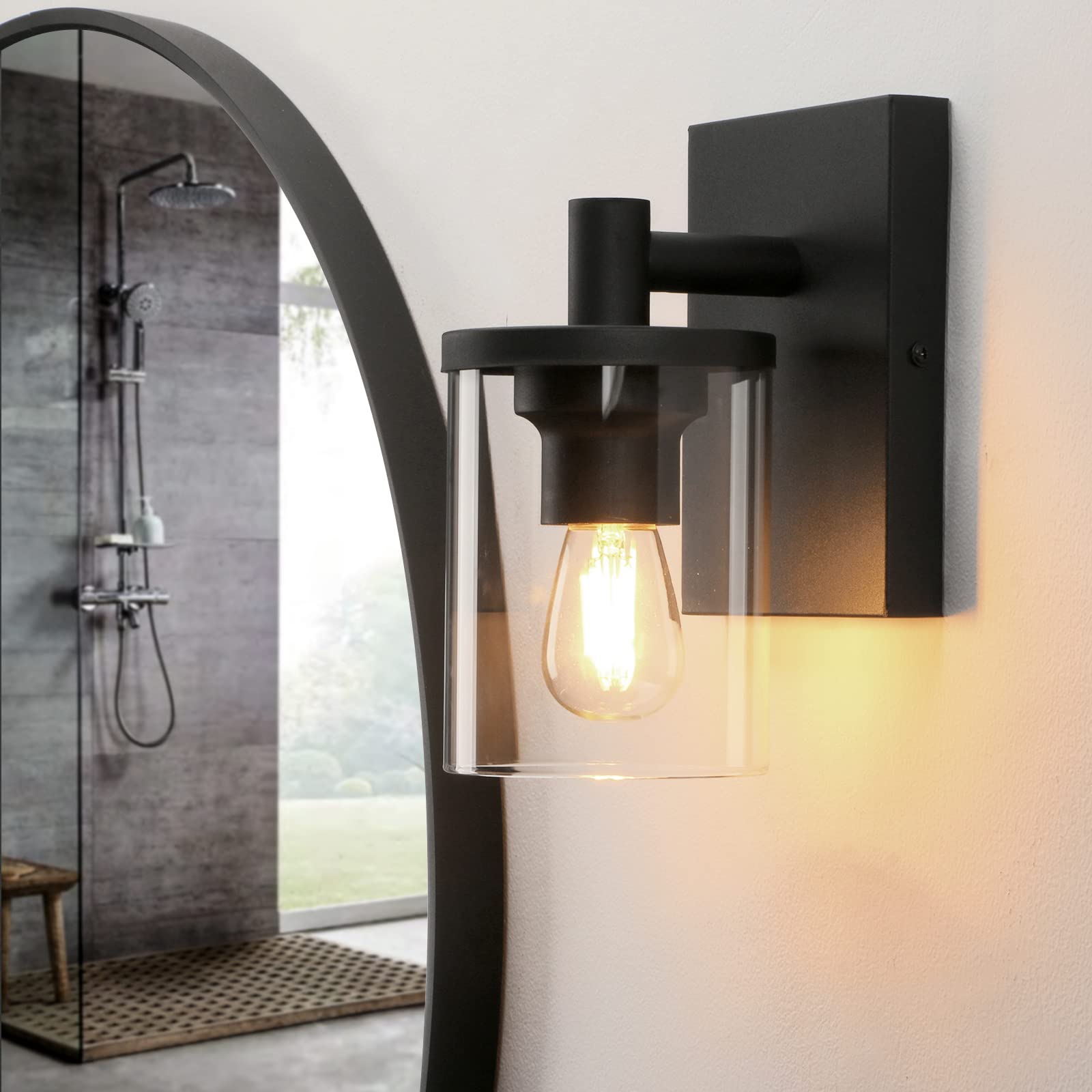 Pathson Vintage Wall Sconce, 1-Light Industrial Bathroom Light Fixture, Clear Glass Shade, Metal Base, Black, Model XLYT1000-H