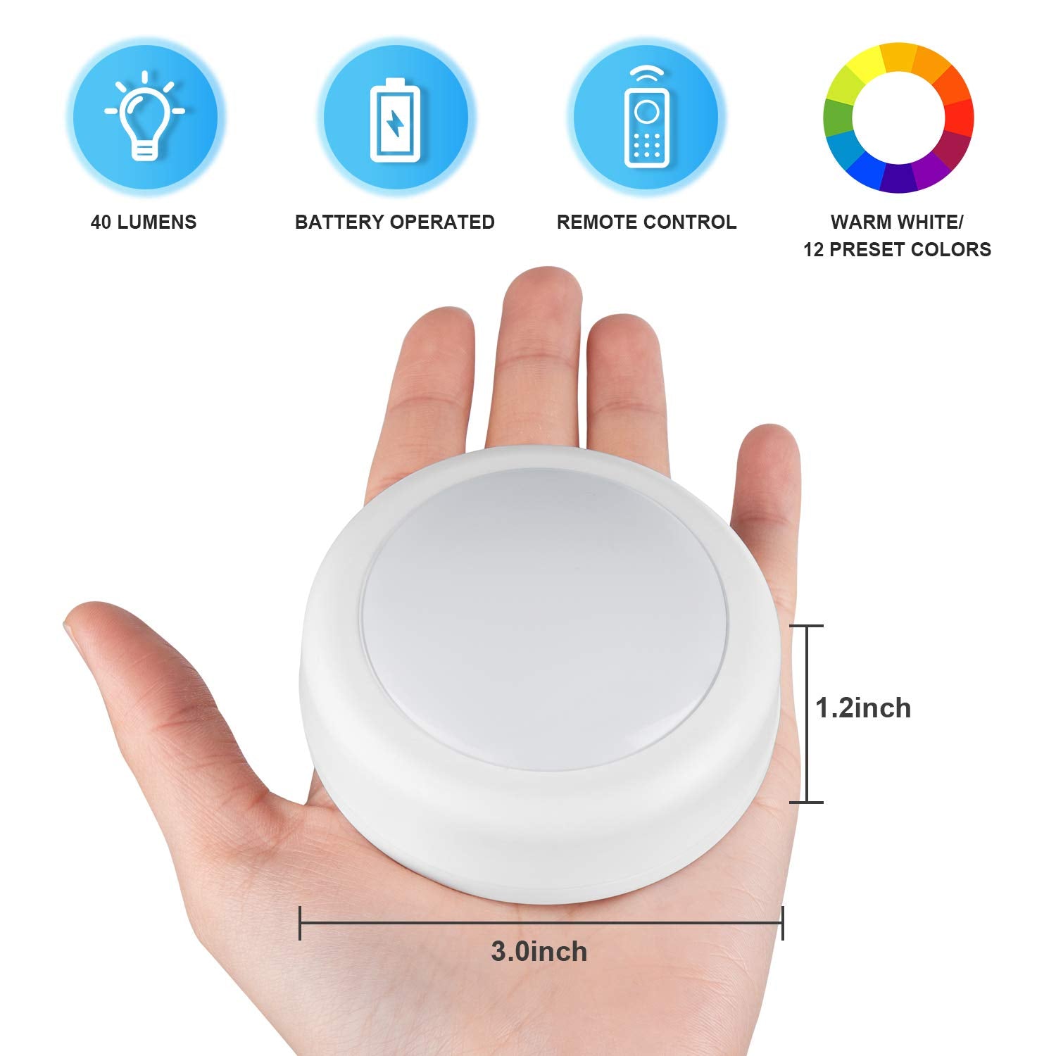 BLS LED Puck Lights - RGB 13 Color Changing, Battery Operated, Small, 2 Pack, Remote Control, Ideal for Closet & Kitchen