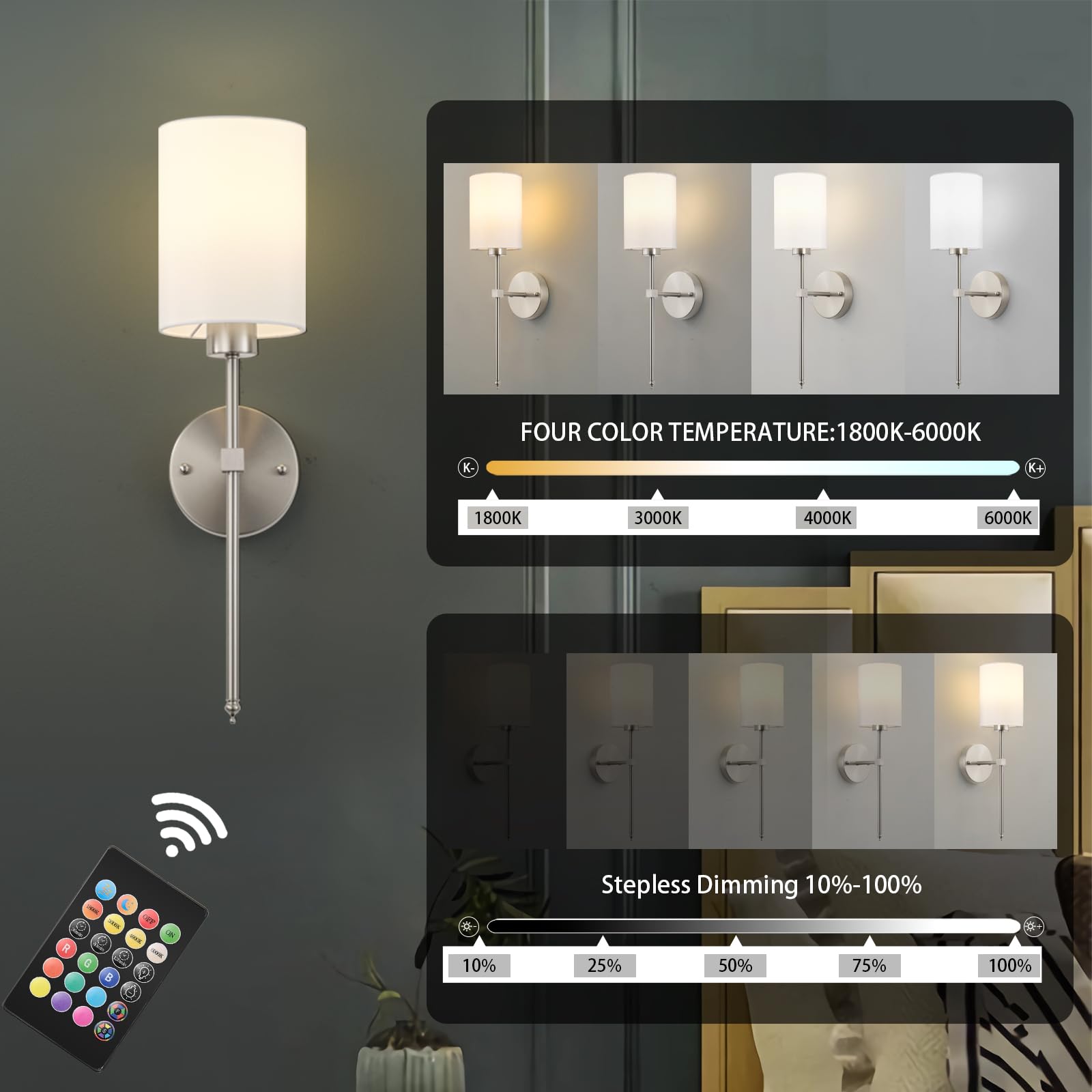 KARTOOSH Battery Operated Wall Sconces Set of Two, Wireless Rechargeable, Dimmable, 20.6 Inch, Nickel, Model ZM213B