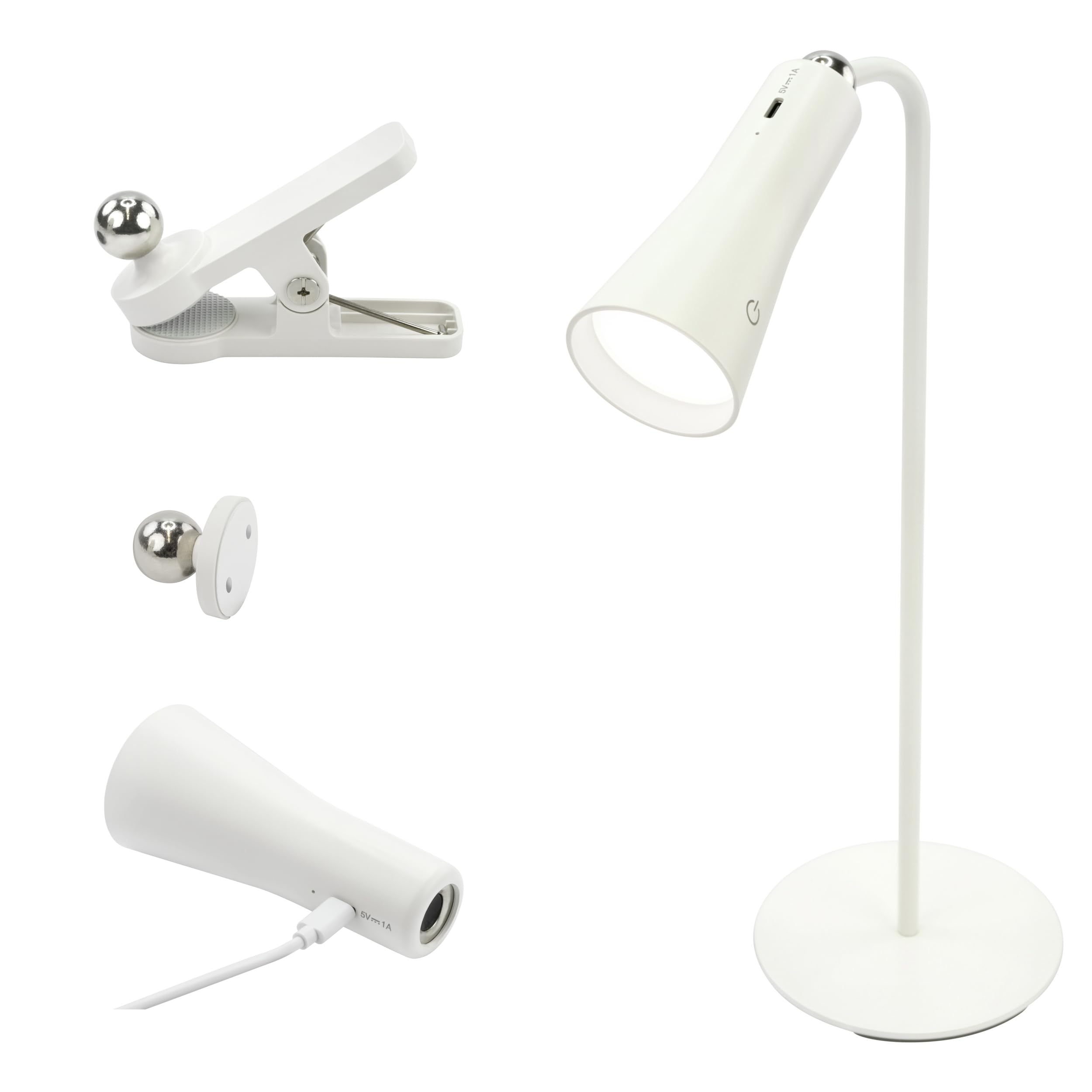 Ansmann 3-in-1 Rechargeable Desk Lamp (1 PC) - Removable Head Standing Desk Lamp - White LED Lamp, Comes with Table Stand, Clamp
