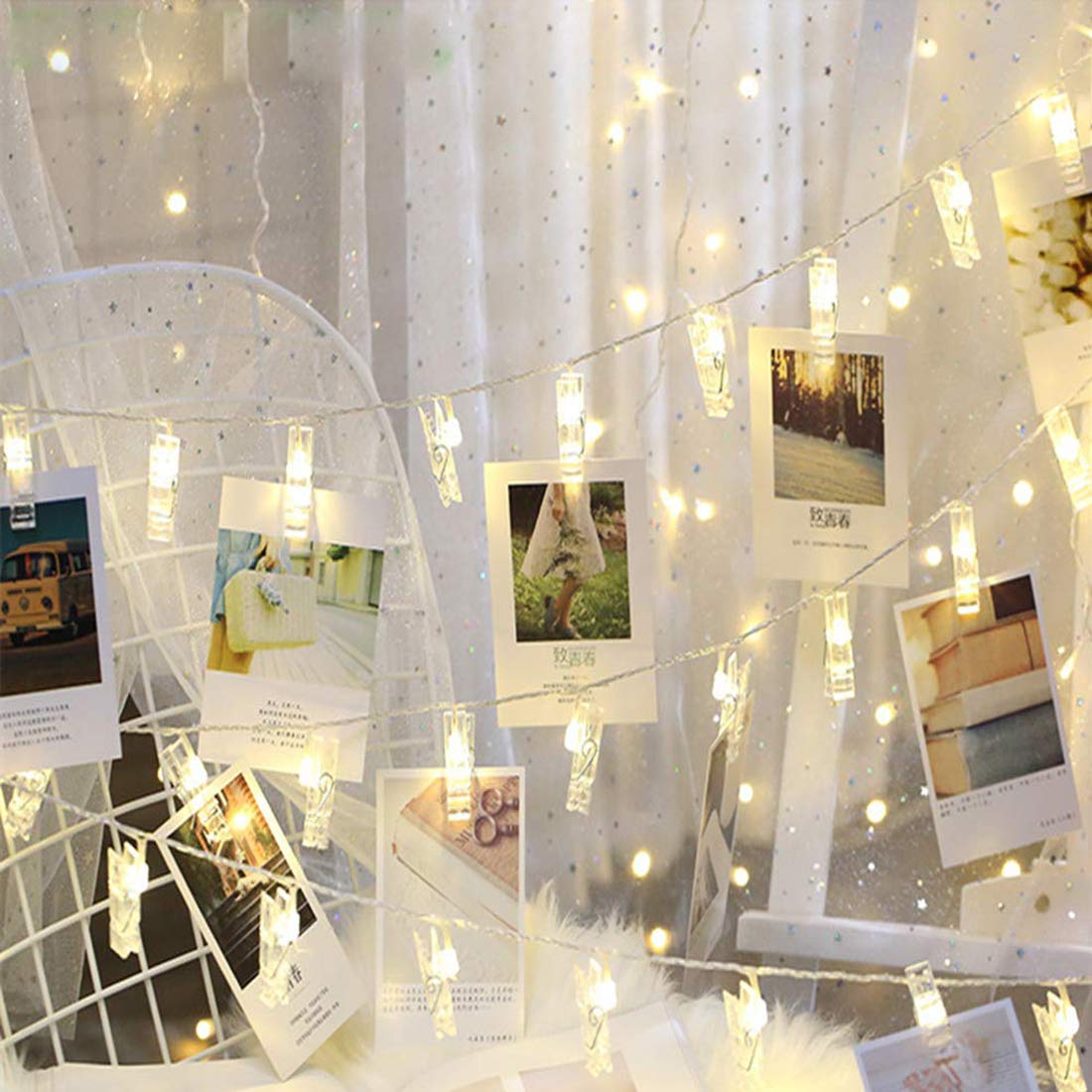 Dopheuor LED Photo Clip String Lights, 30ft Warm Yellow, Battery Powered, Plastic, Model JZD-234, Ideal for Home Decor and Celebrations