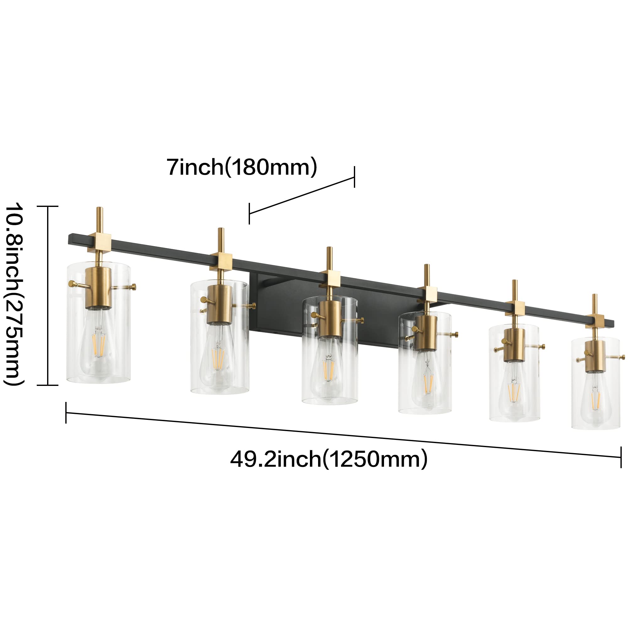 Solfart 49.2 Inch Vanity Light Fixtures Vintage 6 Lights Wall Light Fixtures Above Mirror For Bathroom Brass And Black With Clea
