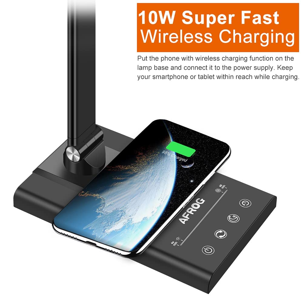 AFROG 5th Gen LED Desk Lamp with 10W Wireless Charger, Touch Control, 1800Lux Brightness, Metal, Black 5.0 Pro, Model EK009A