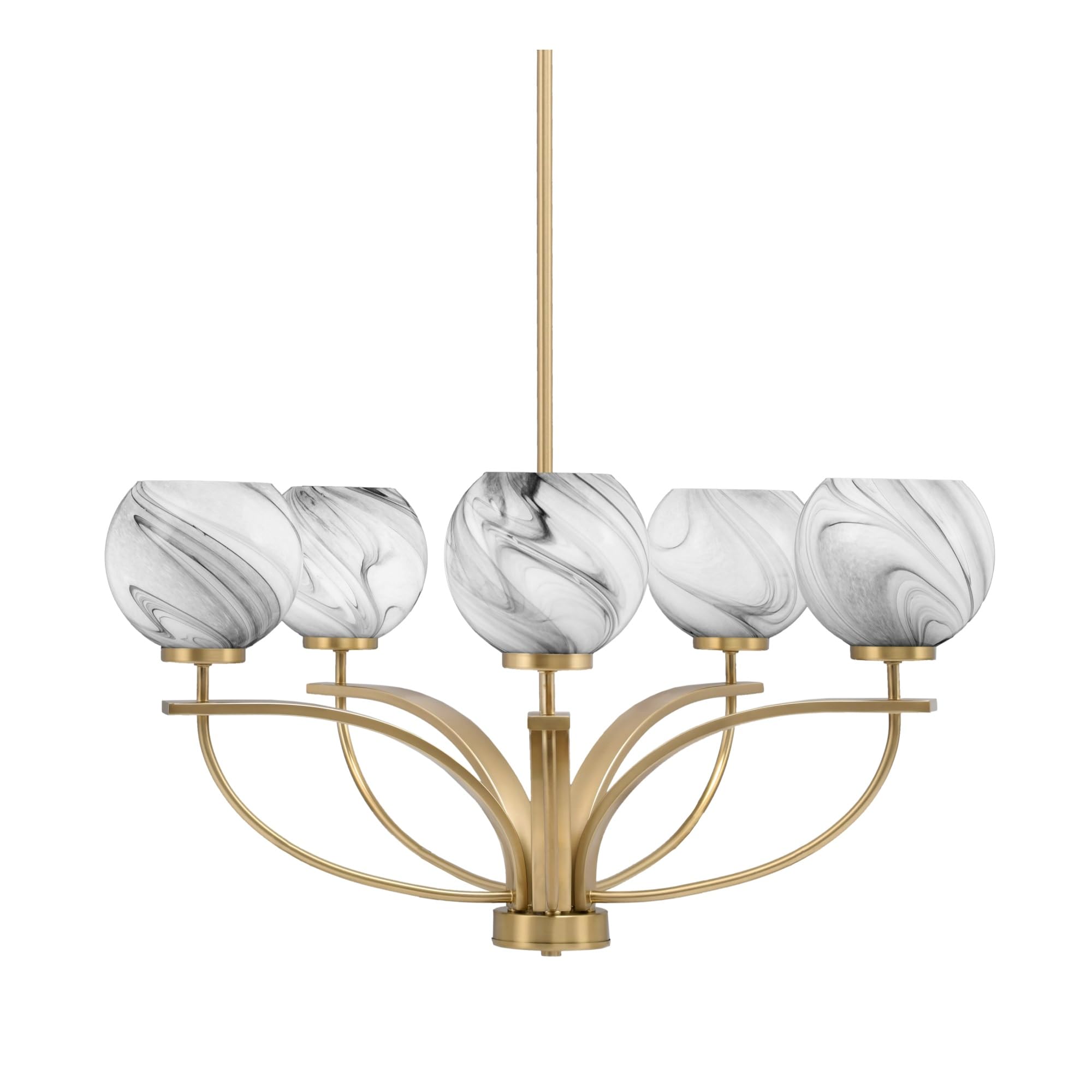 Toltec Lighting Cavella 5 Light, Uplight Chandelier, Hang Straight Swivel, New Age Brass Finish, 5.75&quot; Onyx Swirl Glass