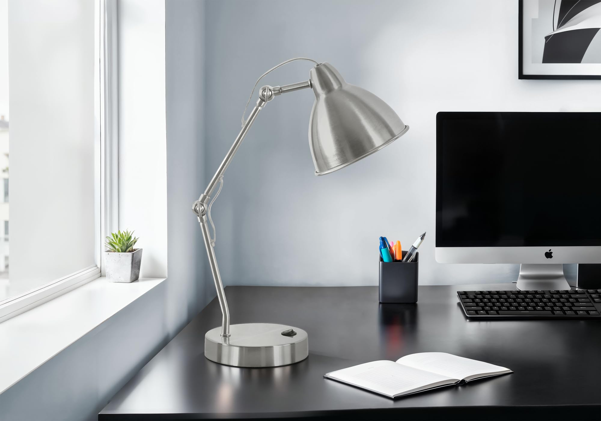 Monarch Specialties I 9659 Table Lamp, USB Port, Nickel Metal, Silver Shade, 11.75inL x 6inW x 16.75inH