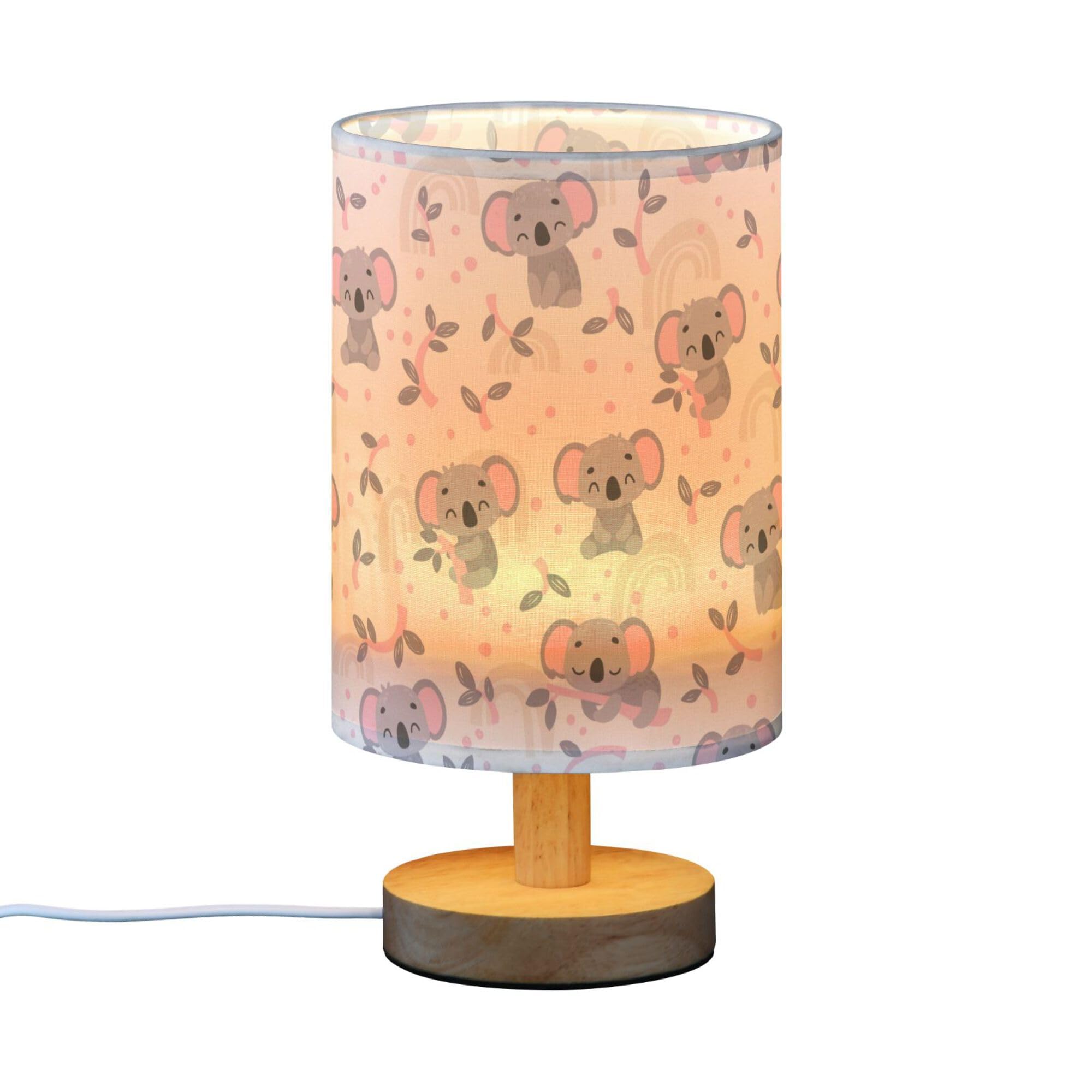 Yyzzh Table Lamp Cute Koala Eucalyptus Branch Scandinavian Pattern Nightstand Lamp With Wood Base Fabric Lamp Shade Bedside Desk