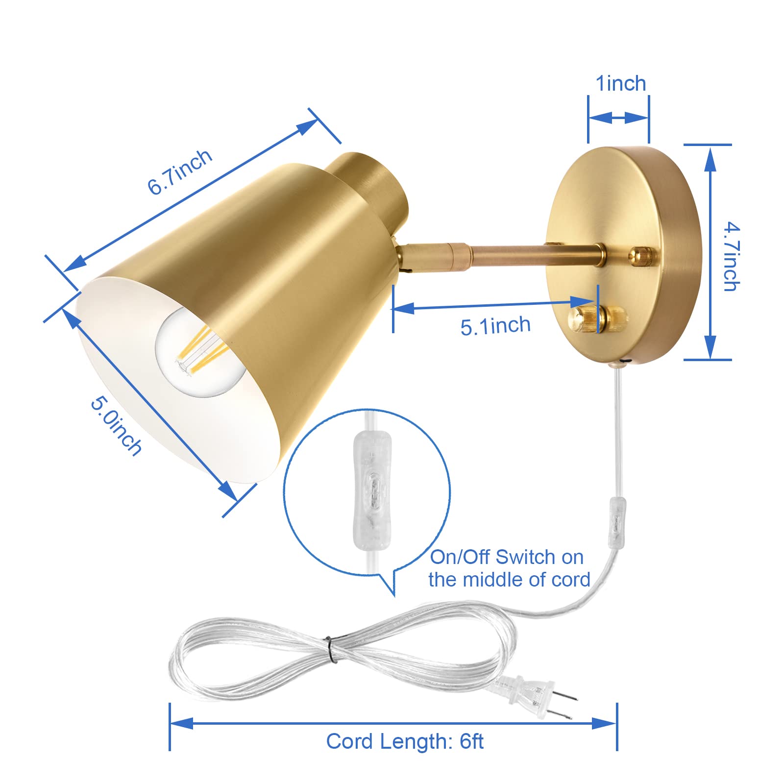 Vatoni Dimmable Gold Wall Sconces, Adjustable Angle Plug-In Lights, 2 Pack With Bulbs