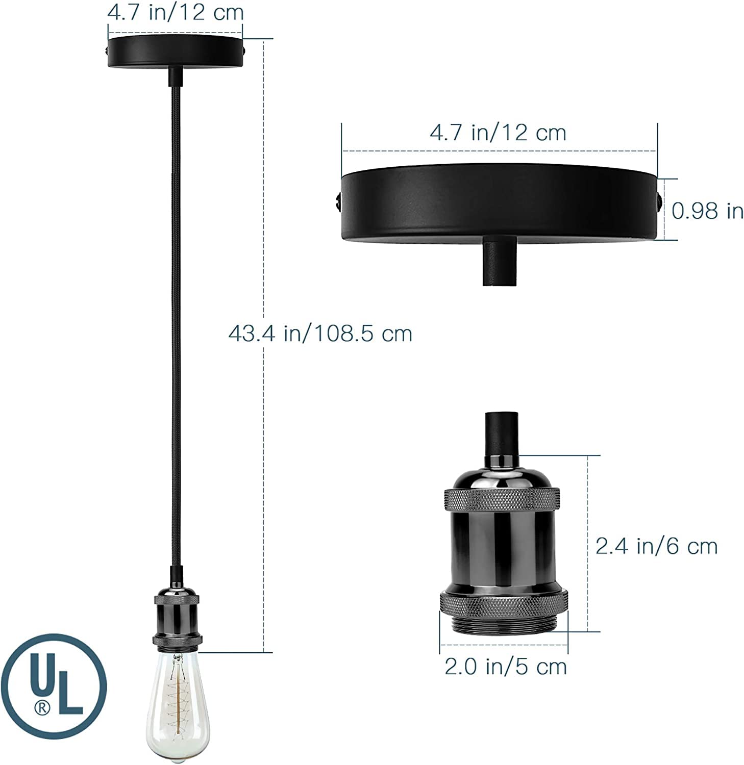 Jackyled 2 Pack Mini Pendant Light Kit Ul Vintage Socket E26 E27 Lampholder Black Woven Fabric Pendant Light Cord Adjustable Canopy Kit