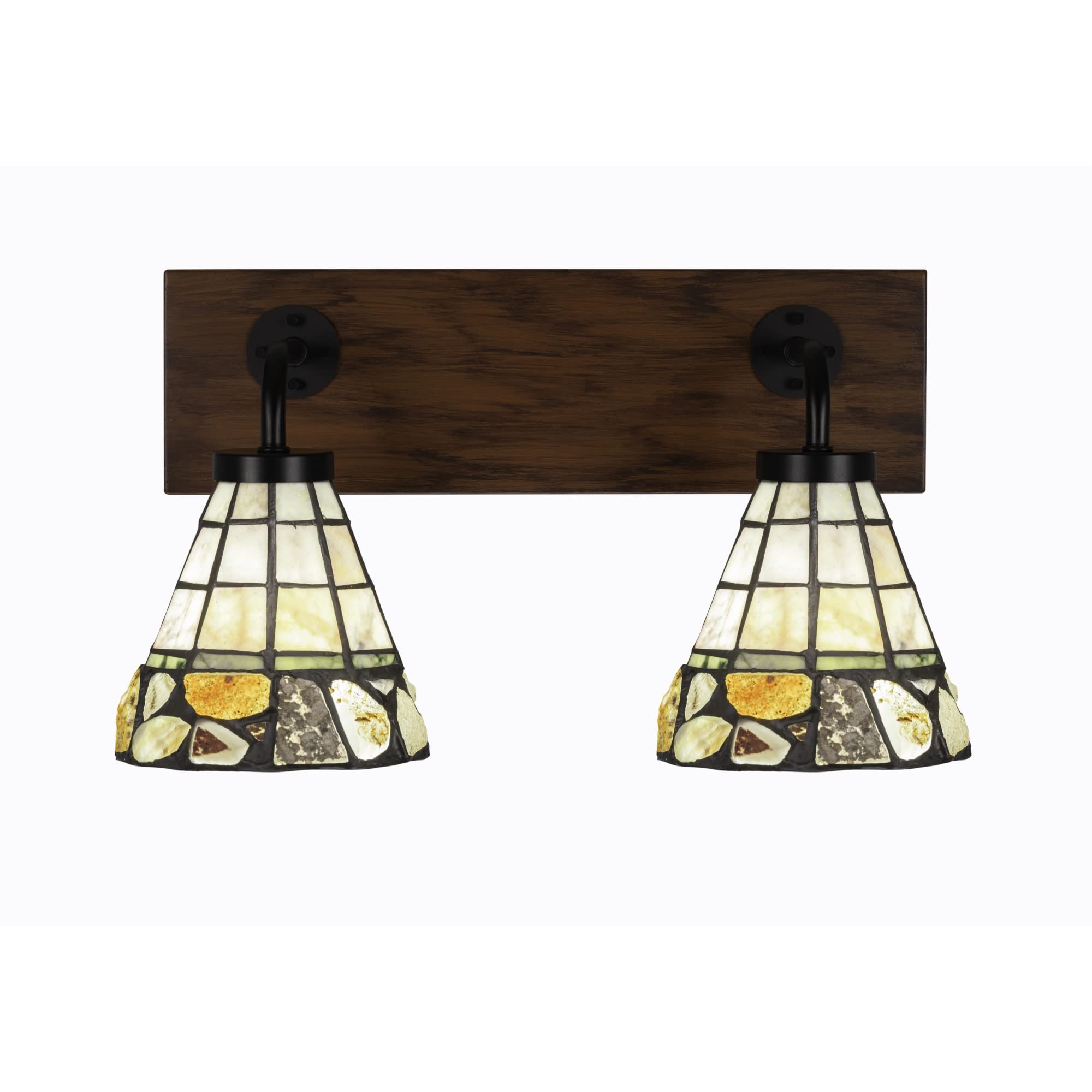 Oxbridge 2 Light Bath Bar In Matte Black & Painted Wood-Look Metal Finish With 7" Cobblestone Art Glass