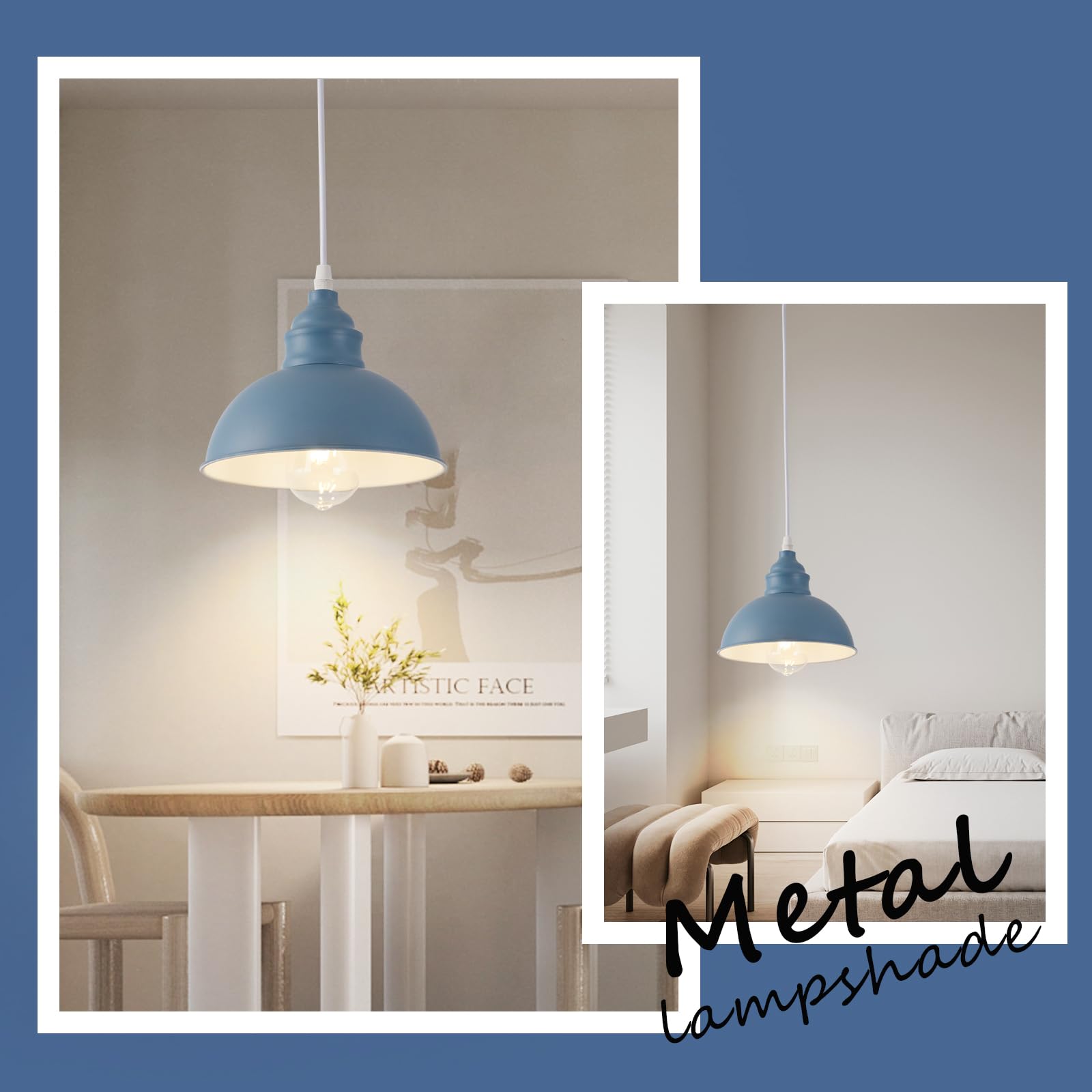 SoodMi Plug-in Pendant Light, Industrial Metal Hanging Lamp with On/Off Switch, 15FT Cord, Blue, Model PDL-012