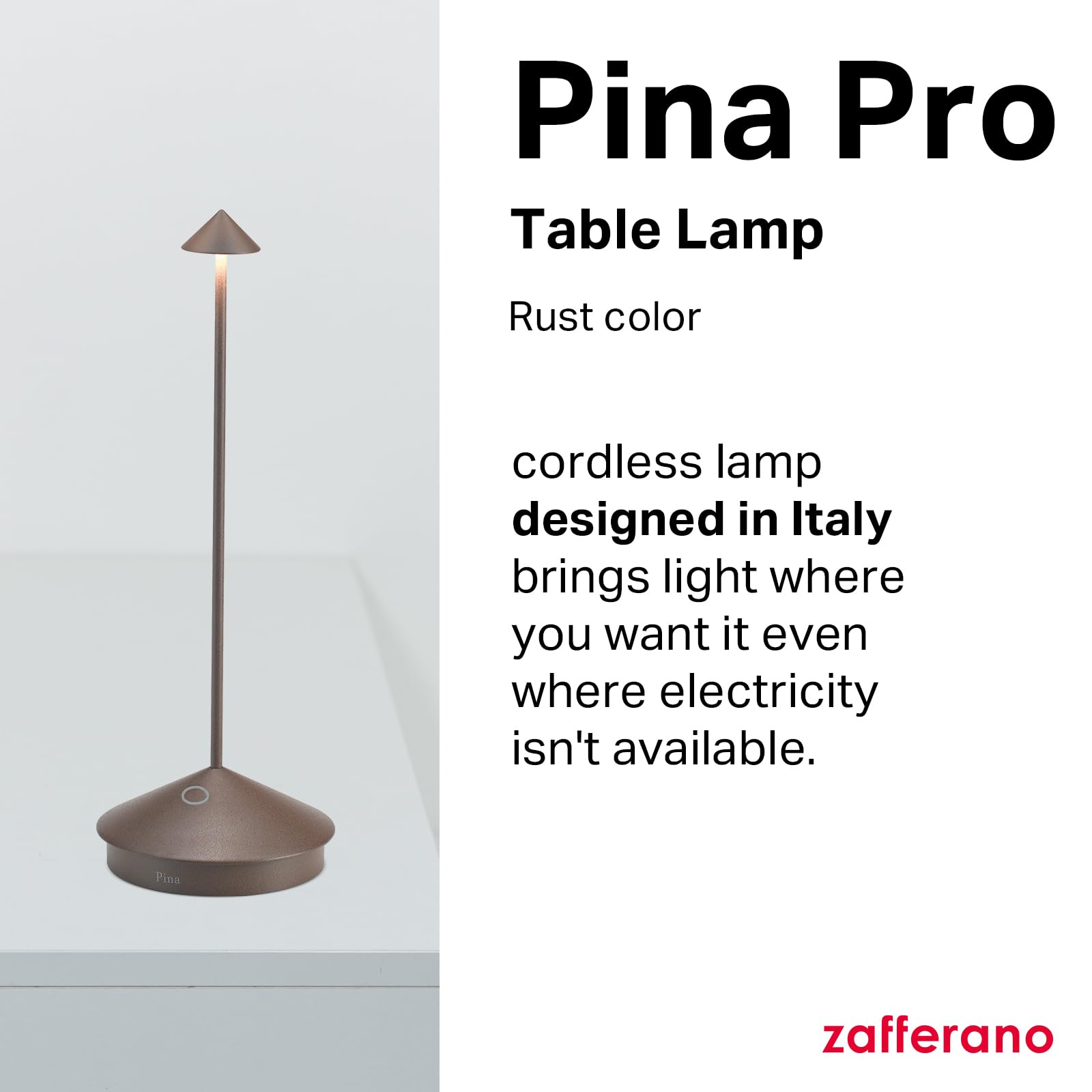 Zafferano Pina Pro Rechargeable Table Lamp, Touch Control, 11.4" Rust, Indoor/Outdoor, 2200-3000K, Model LD0650R4