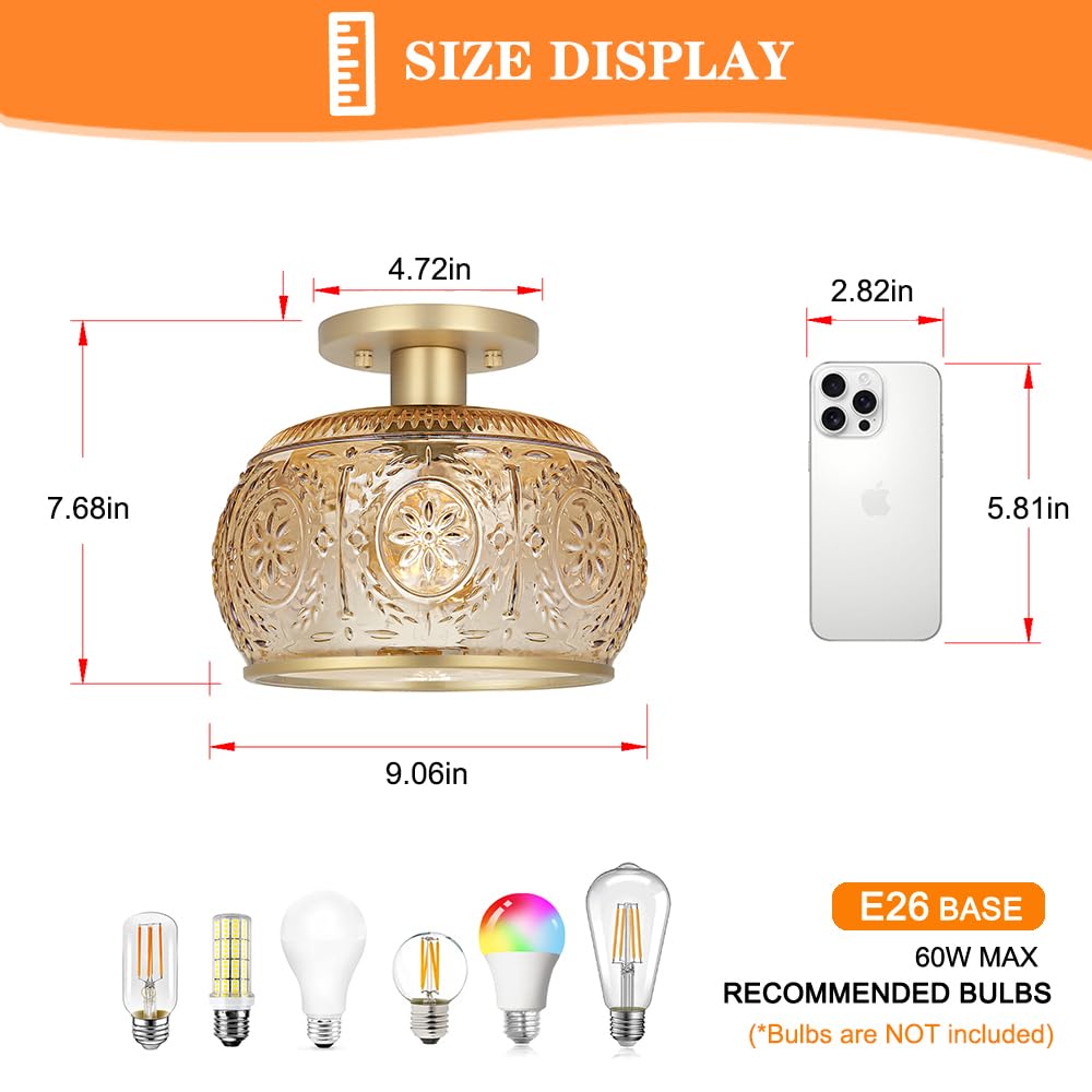 Oiyio Brushed Brass Semi Flush Mount Ceiling Light With Amber Globe Glass Shade  Modern Hallway Lighting Fixtures  Vintage Ceiling Light For Kitchen  Bedroom  Closet  Entryway  Porch