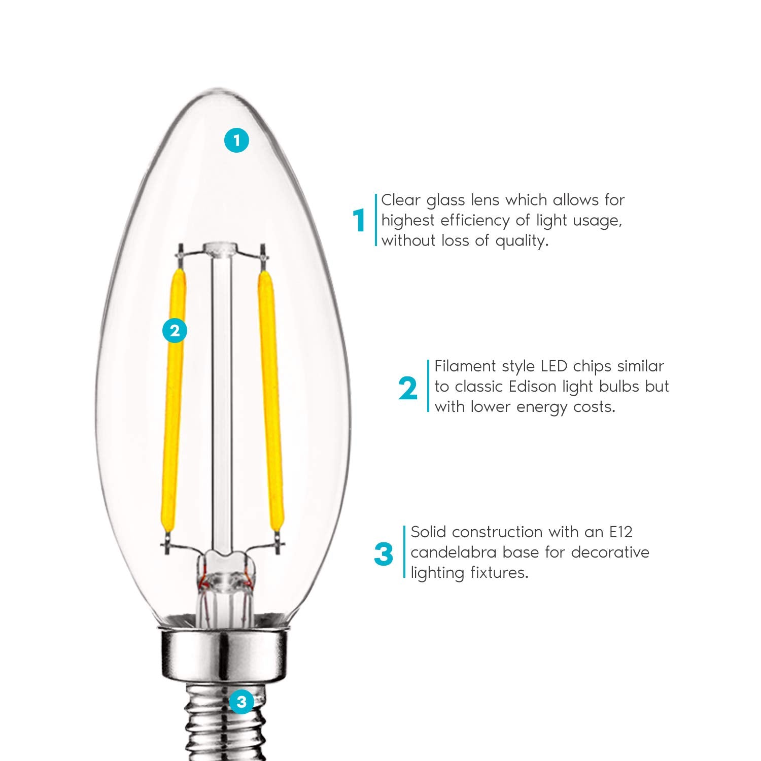 LUXRITE Vintage Candelabra LED Bulbs, Dimmable, 400 Lumens, 4000K Cool White, E12 Base, 6 Pack, Clear Glass