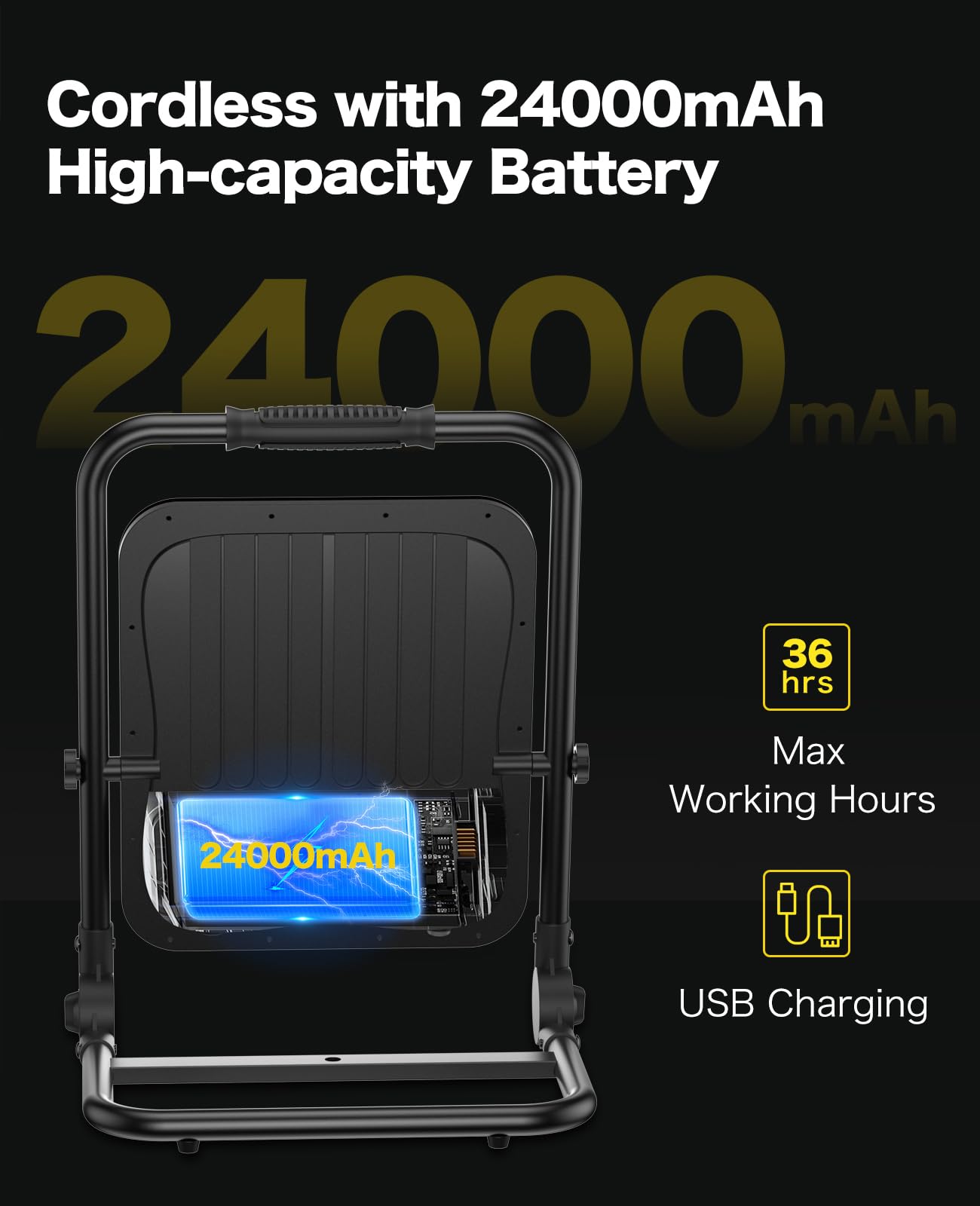 Akofun 300W Rechargeable Led Work Light With Stand, 32000Lm Waterproof Flood Light, 24000Mah Battery, 6500K, 4 Modes Adjustable