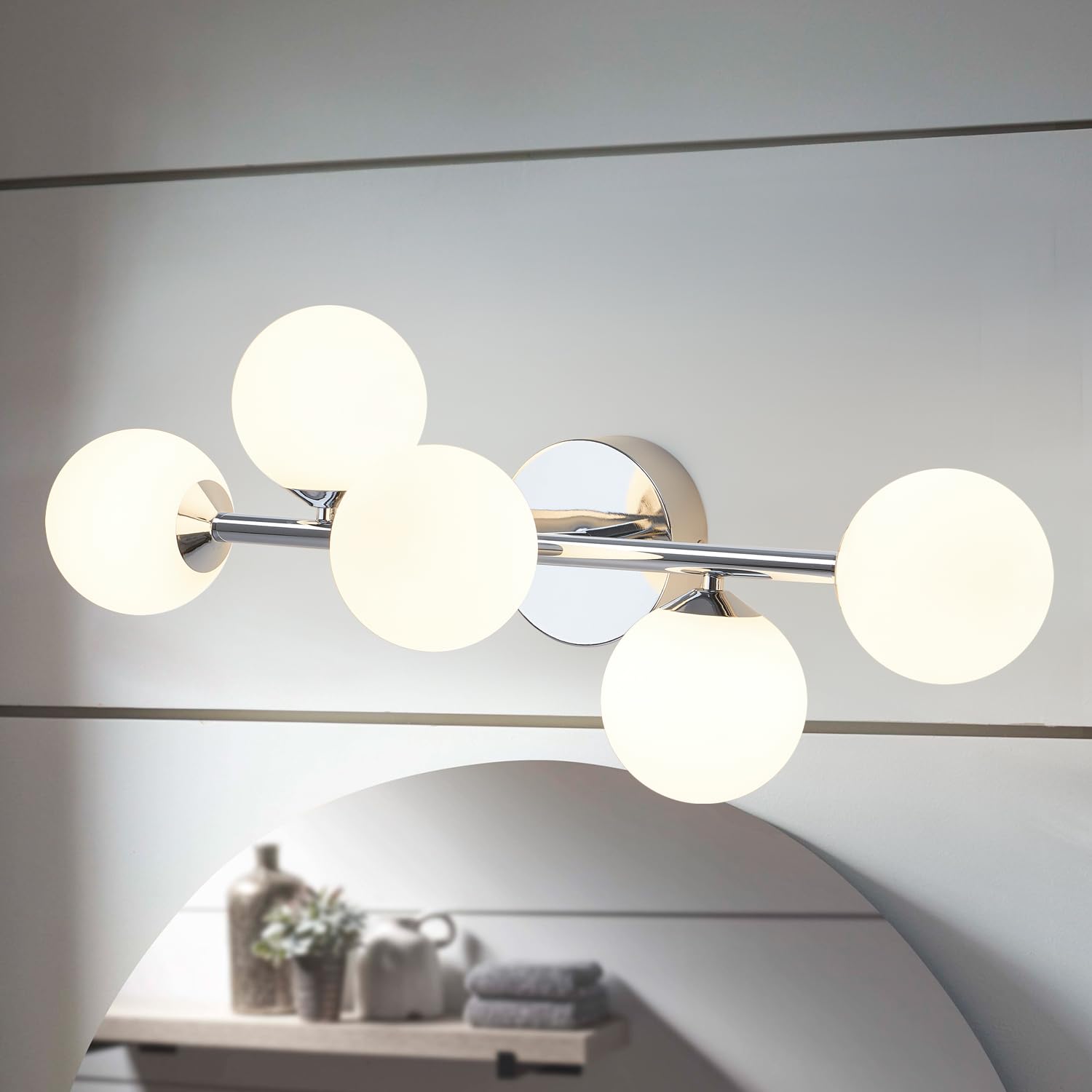 ArtMoonlight 5-Light Bathroom Vanity Lights, Dimmable LED, Chrome Finish, Frosted Glass, Model 012L3000WARM