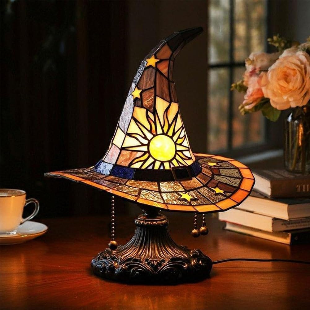 Witch Hat Lamp Stained Glass Resin, Handmade Gothic Witch Hat Lamp, Small Wizard Hats Shape Spooky Fun Light For Indoor Party Ha