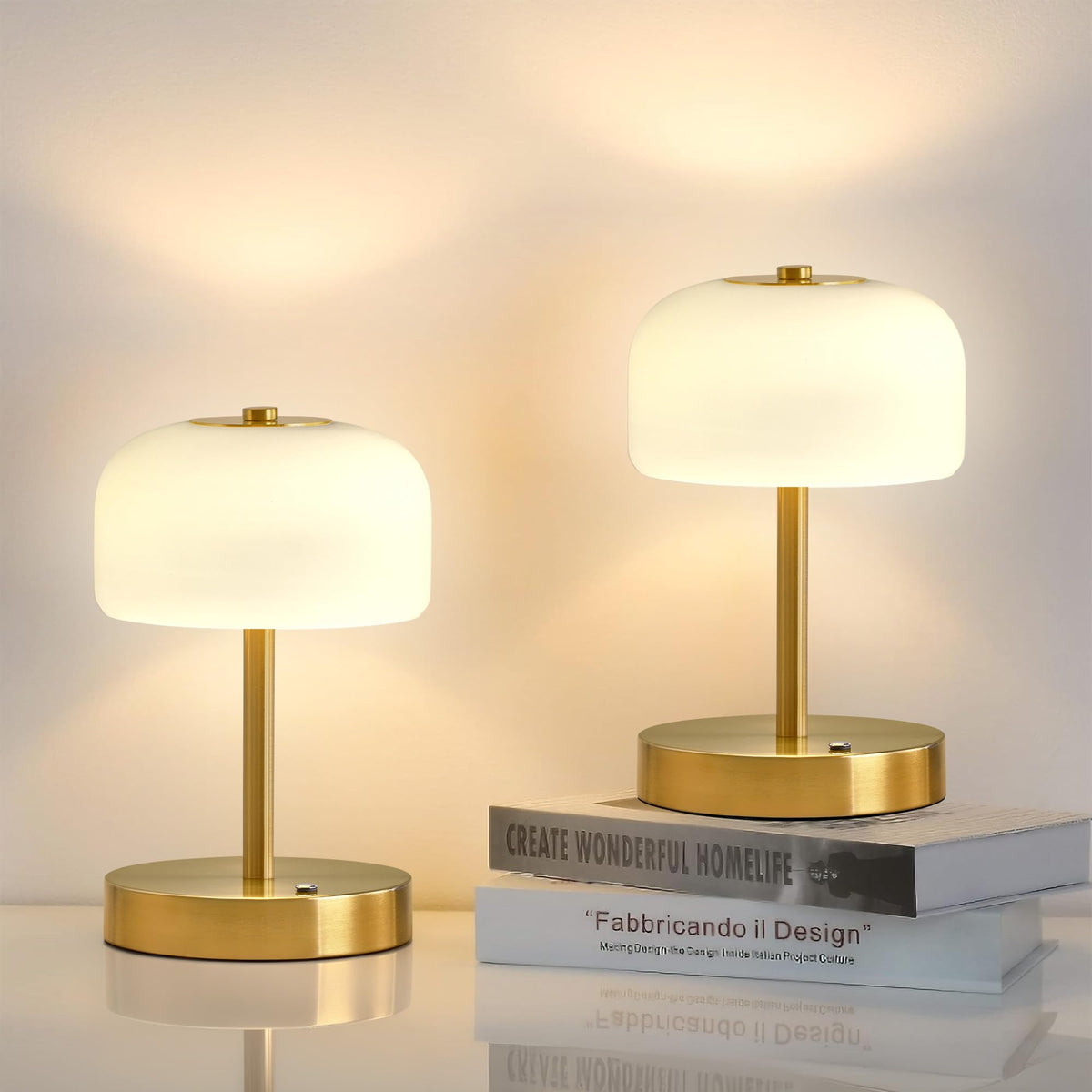 Oneach 2 Pack Cordless Table Lamps, 9'' Portable Rechargeable Battery Powered Desk Lamps, Opal Glass Shade, 3 Level Brightness D