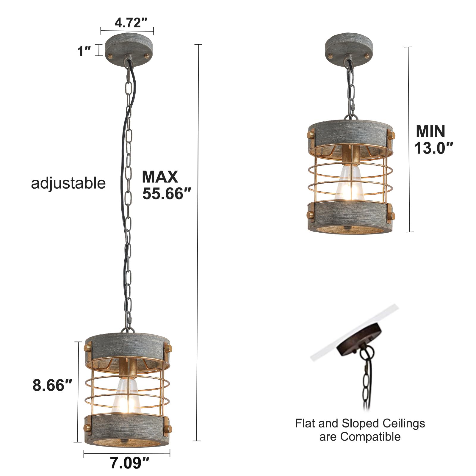 wochos Farmhouse Pendant Light, Adjustable Metal and Wood Chandelier, 1 Pack, Blue Gray, Model JWY-J8003BG