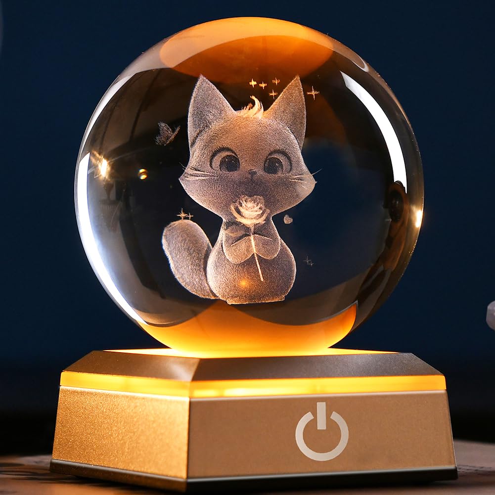 ZRENJHUS 80mm Cat Lover Gifts for Women 3D Cat Holding Rose Night Light Cat Crystal Ball Decor Kitten Holding Rose Collectibles 
