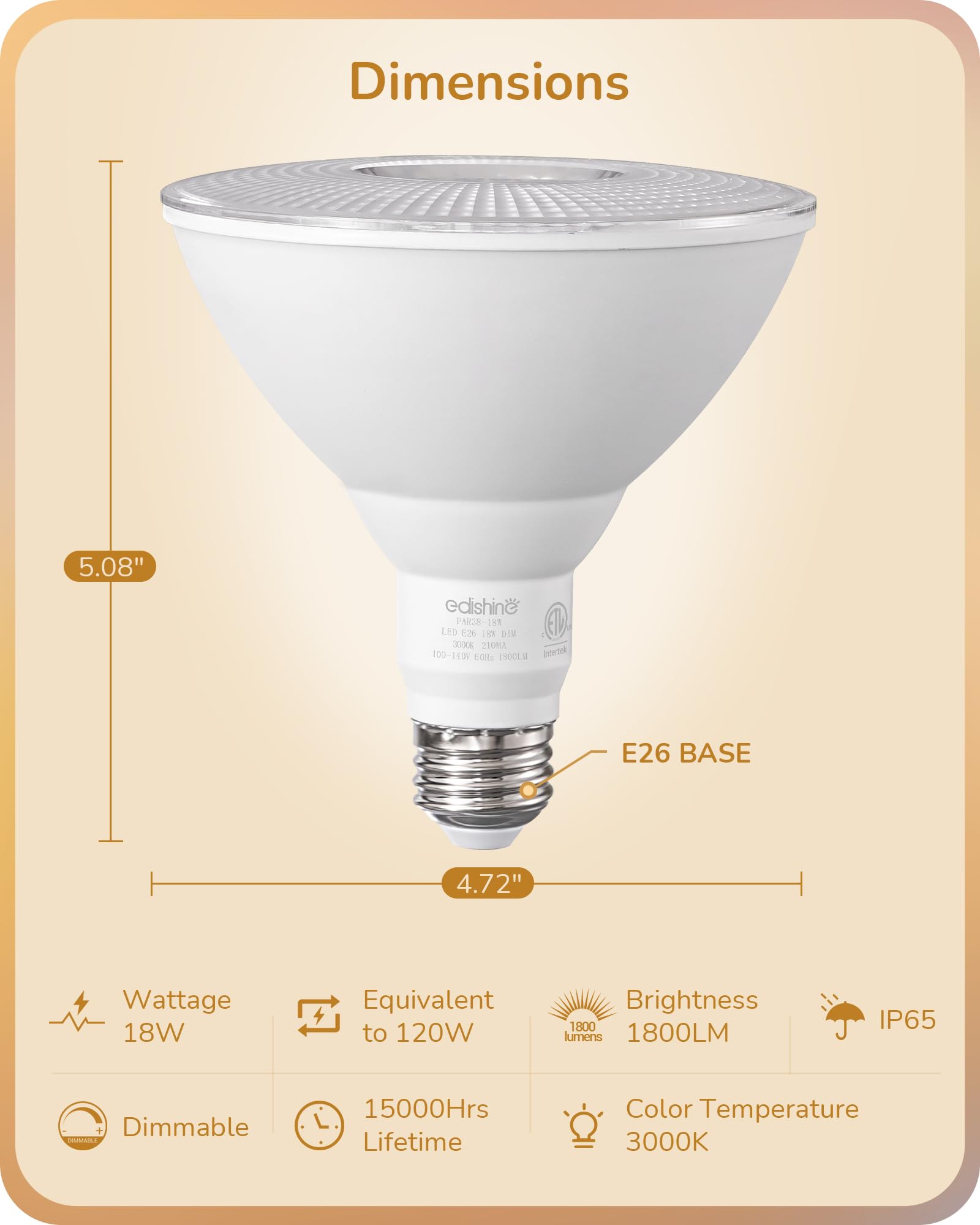 EDISHINE Dimmable PAR38 LED Flood Light Bulbs, 18W 1800LM, IP65 Waterproof, 3000K Warm White, E26 Base, 6 Pack,