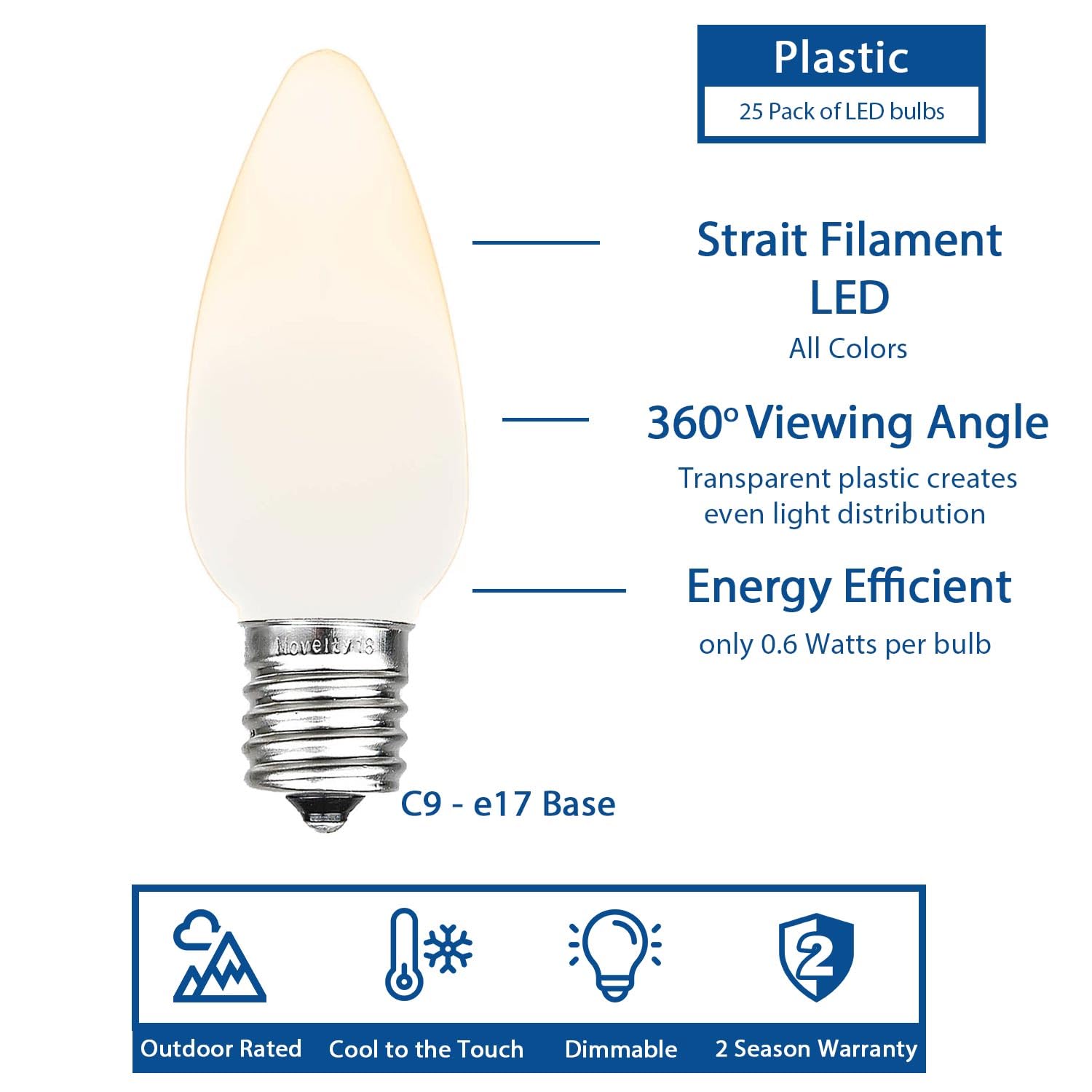 Novelty Lights Vintage LED C9 String Lights, 25 Ft, Red Ceramic Bulbs, 12in Spacing, Model MRD-25B, Indoor/Outdoor Use