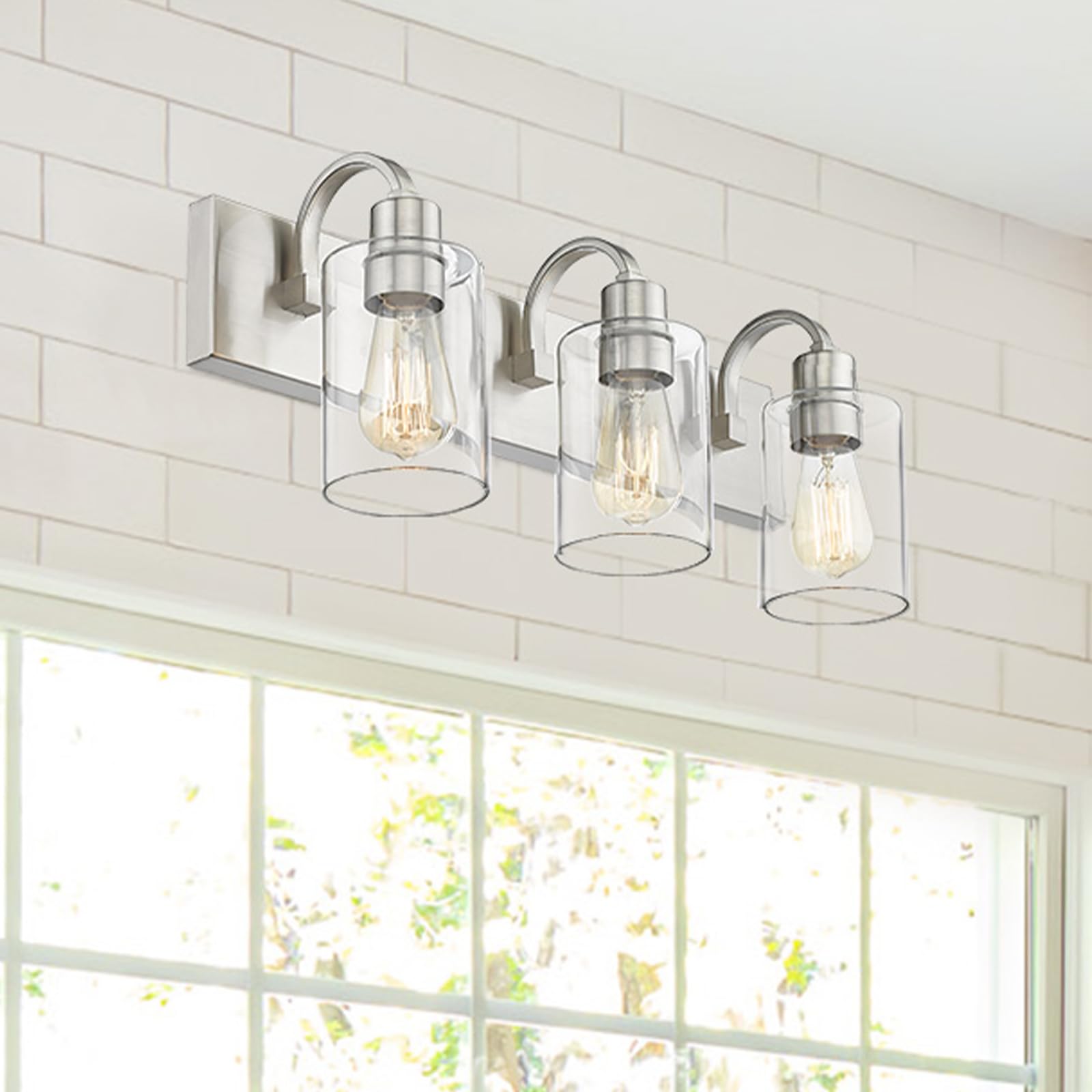 Emliviar 3-Light Brushed Nickel Vanity Light Fixture With Clear Glass For Modern Bathrooms