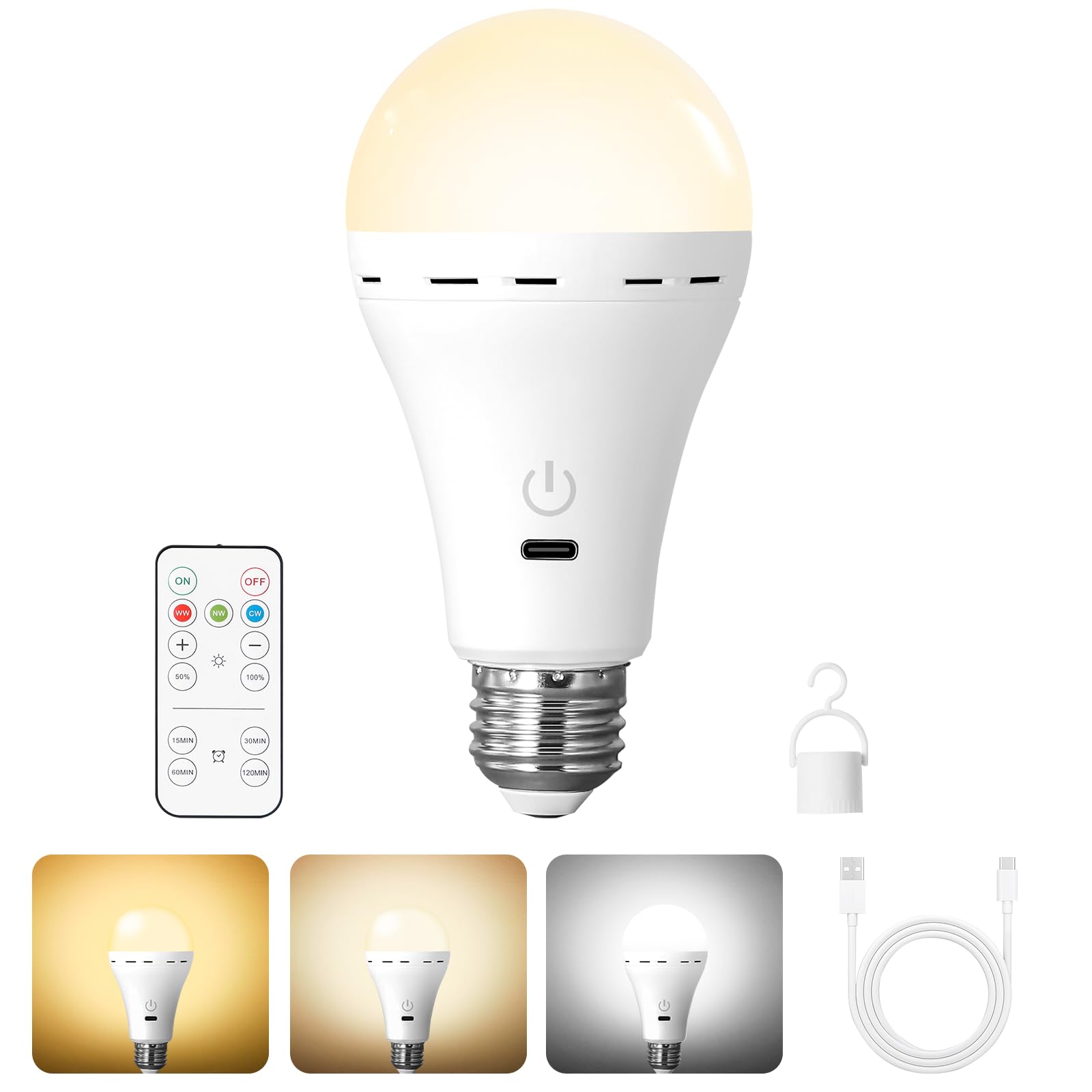 Bailoch Wireless Rechargeable Light Bulbs With Remote, 1Pack Led Cordless Battery Operated Light Bulbs For Lamps, E26 Battery Po