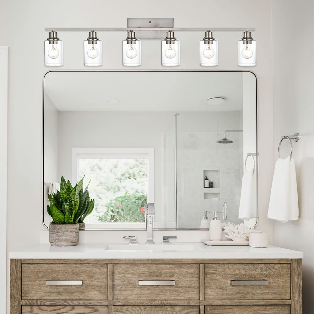 VINLUZ 6 Light Bathroom Lighting Fixture, Brushed Nickel, Glass Shade, Wall Mounted Vanity Light Over Mirror