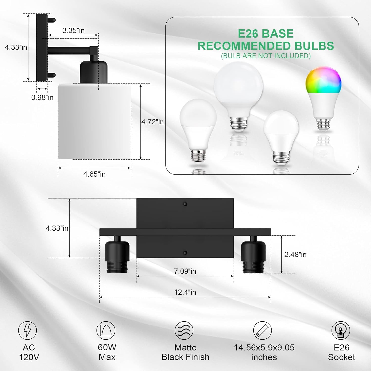 Dekang Bathroom Light Fixtures - 2-Light Matte Black Vanity Sconces with Milky White Glass Shades, Model AB123456MX