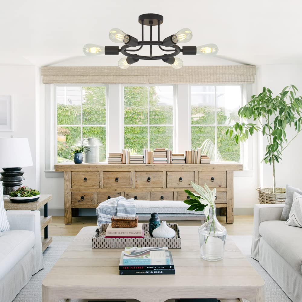 BONLICHT 6-Light Sputnik Chandelier, Black Metal Semi Flush Mount, Model 3020-6C-BL, Industrial Starburst Style for Kitchen/Dining Room