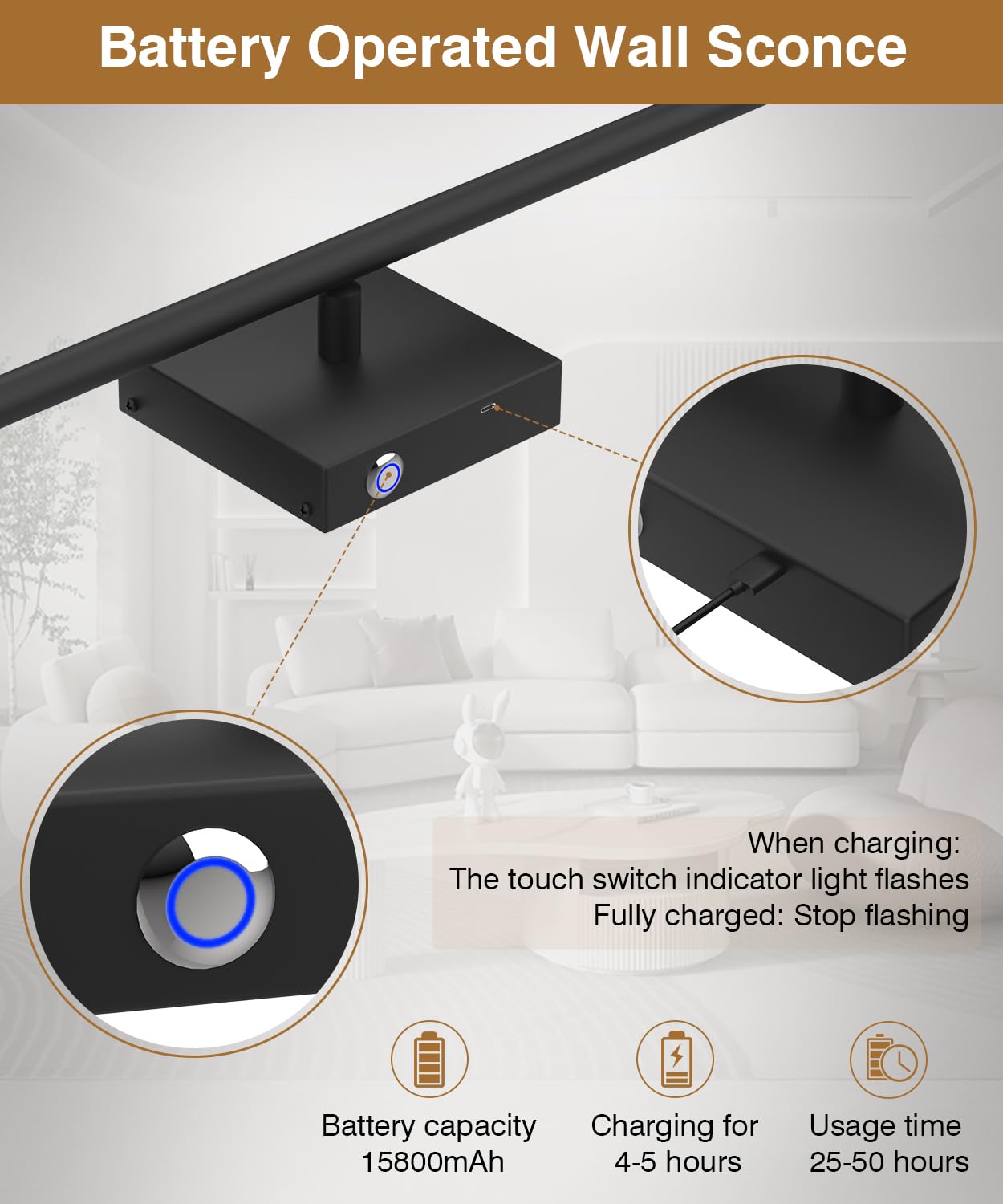 CASGAL Dimmable Battery Operated Wall Sconce Set of 2, 26.6 Inch, Black, Remote Control, LED 3000K-6500K, Model BD1179
