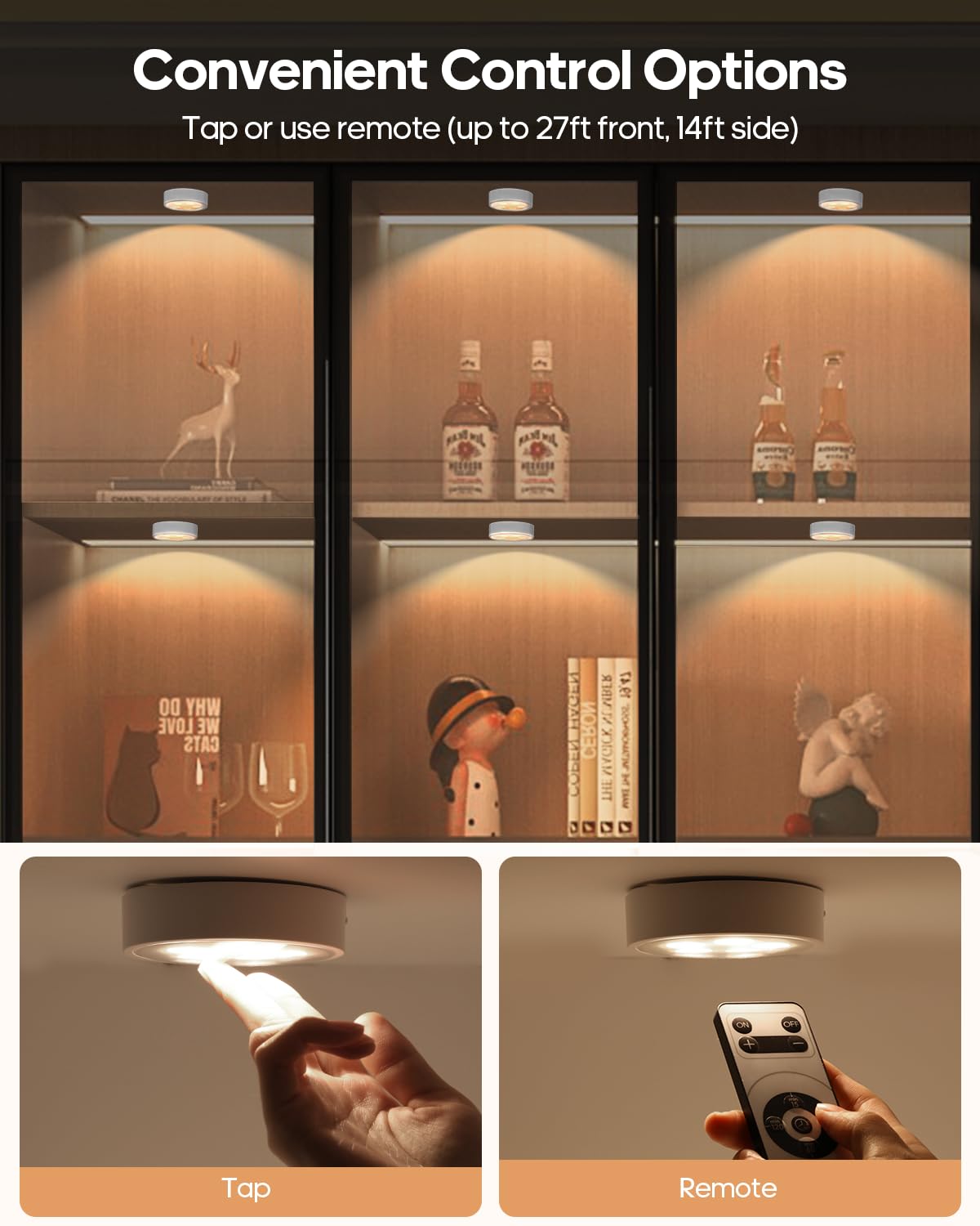 Puck Lights With Remote Control,Under Cabinet Lighting Magnetic,Led Closet Lights Rechargeable,Dimming Tap Light, Stick On Lights, For Closet, Bedroom Wall, Under Cabinet(Warm Color)2 Pack