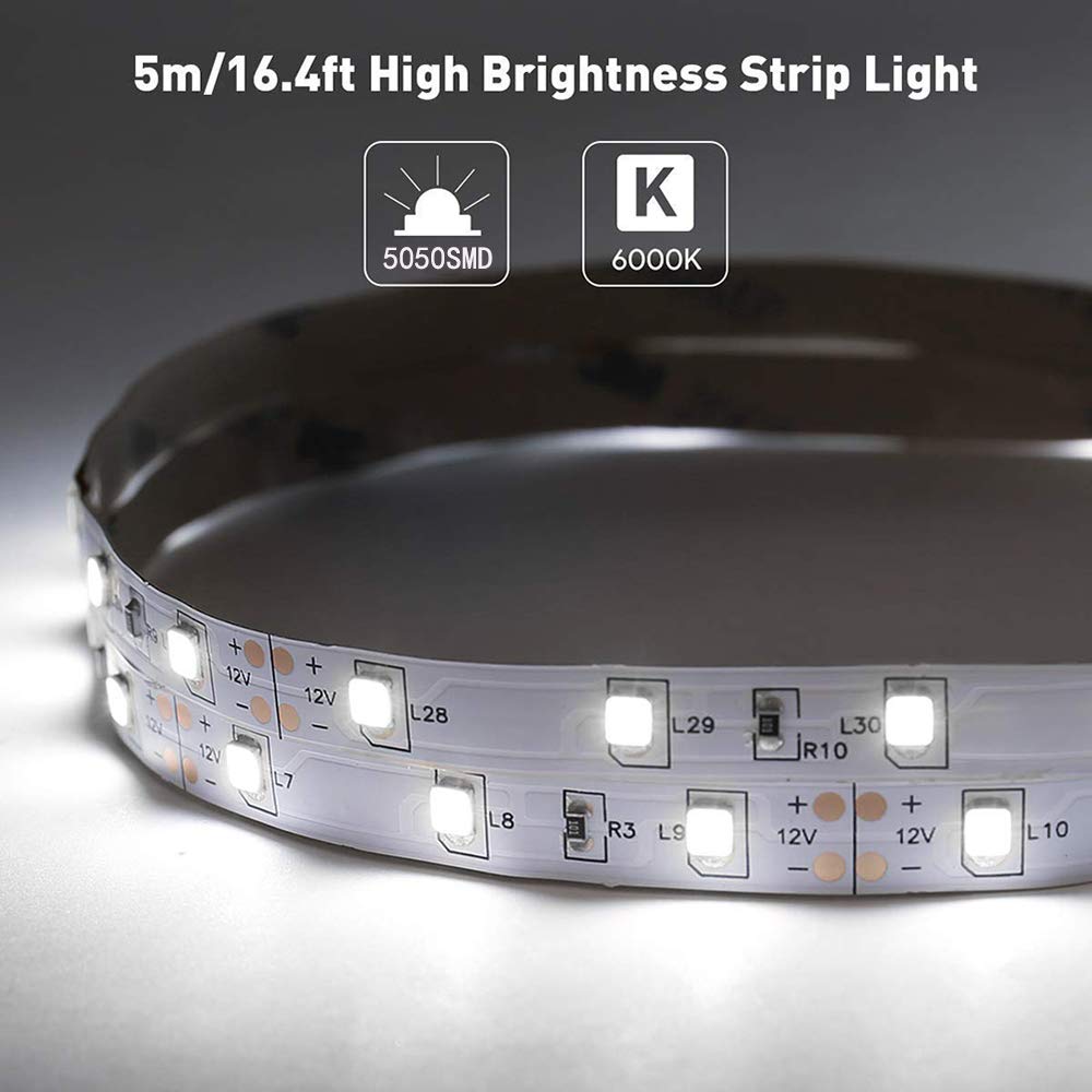 Velain 12V Led Strip Light, Waterproof Daylight White, 16.4Ft, 300 Leds For Home & Party