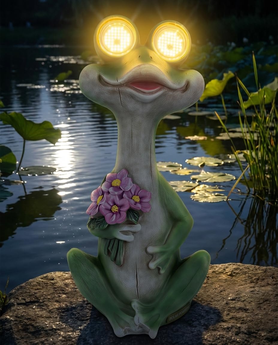 iStatue Solar Frog Garden Statue with Blinking Light-Up Eyes, Resin Outdoor Garden Decor Frog Holding Flowers, Waterproof Animal