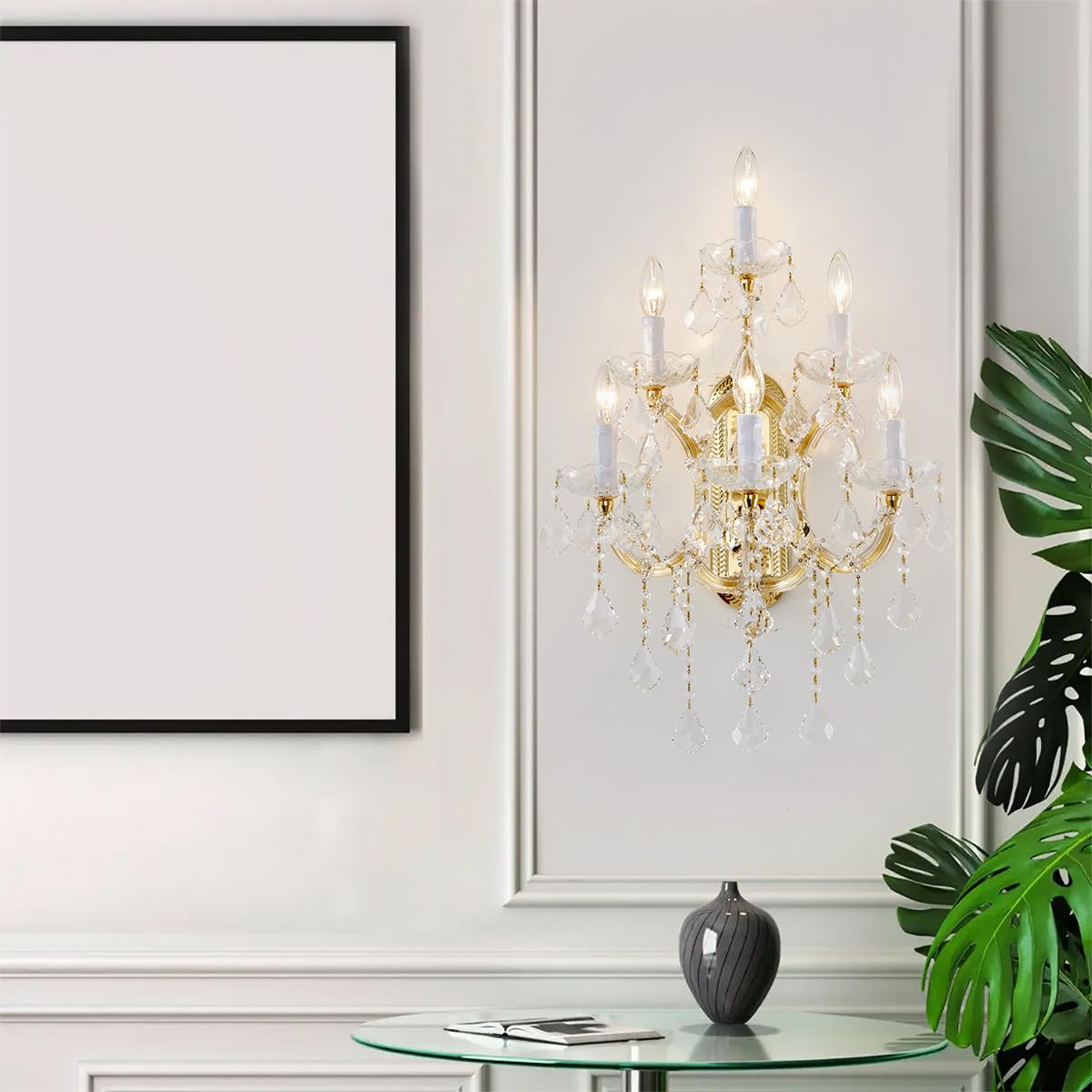 TMAFON Large Crystal Wall Lamp Chandelier - 6 Lights, Gold, Steel/Glass/Crystal, Model TMAZ-10130-06GOW